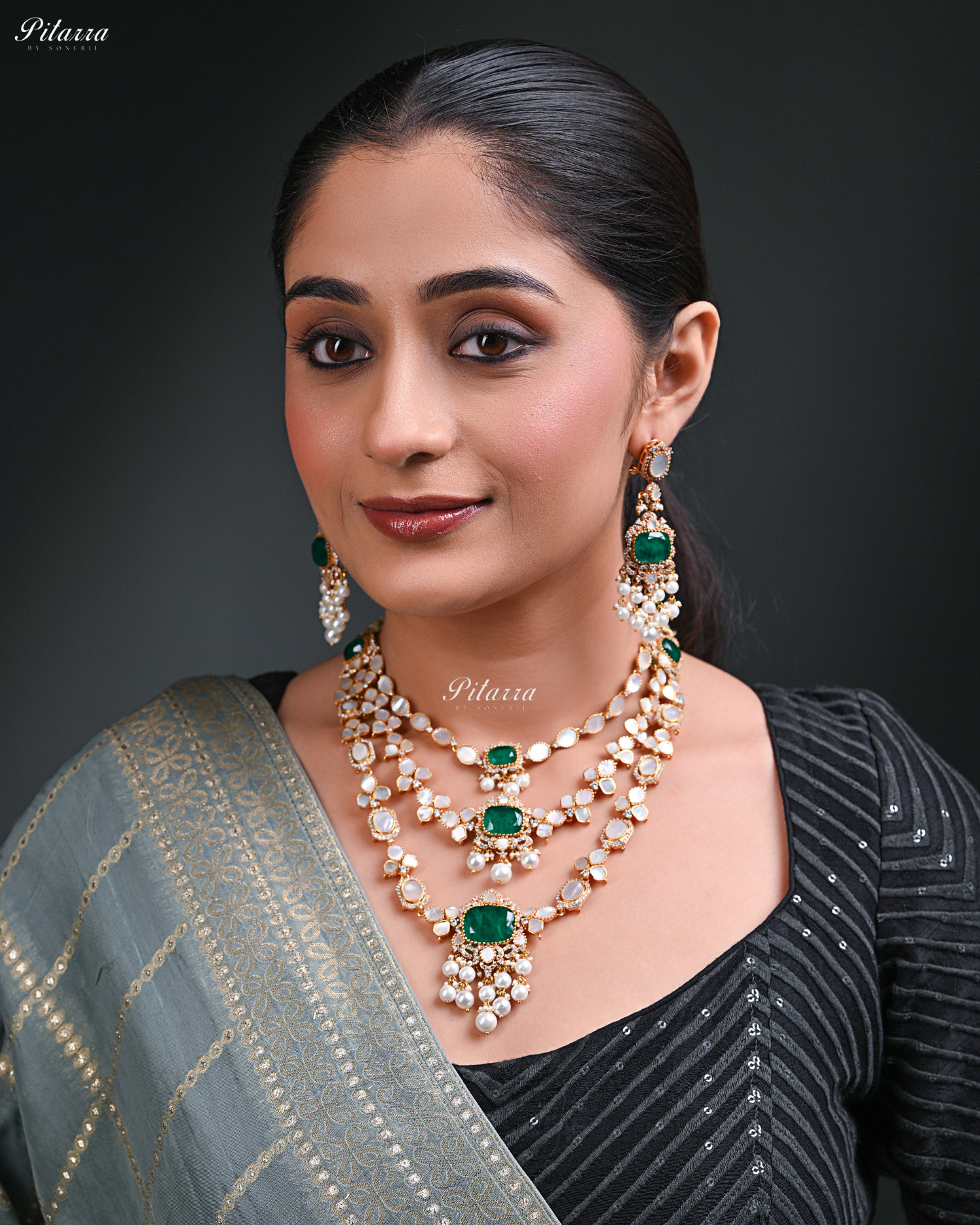 Emerald Stone Three Layer Long Kundan Set