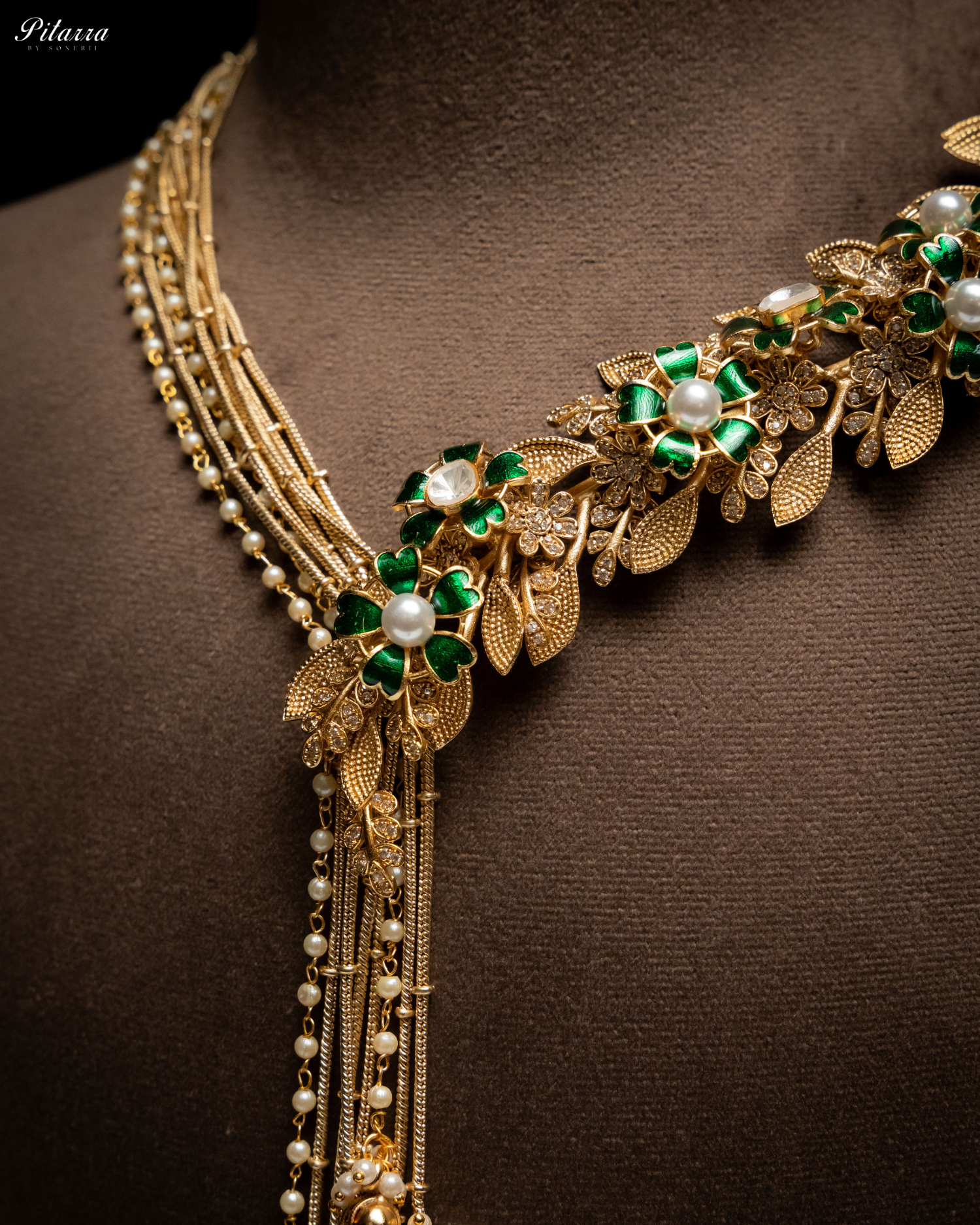 Green Leaf Polki Golden Dual Necklace Set