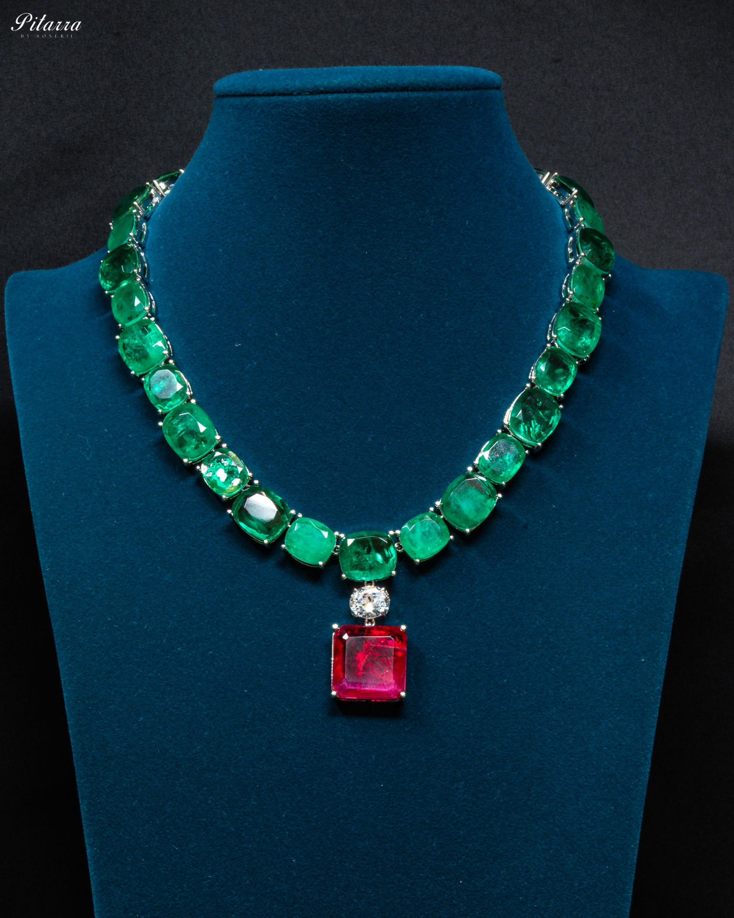 Silver Finish Red Square Crystal Necklace Set