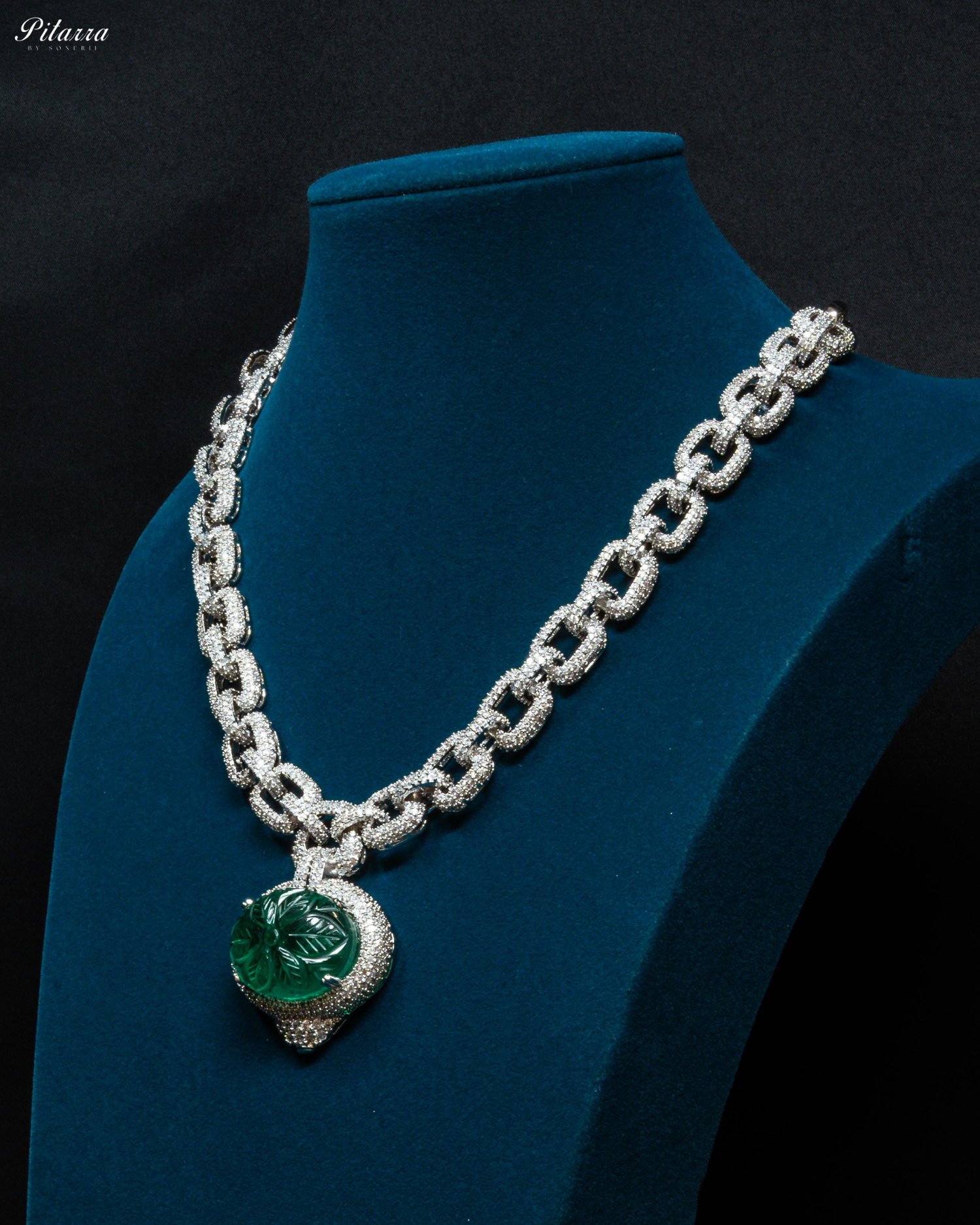 Emerald Stone CZ Silver Crystal Necklace Set
