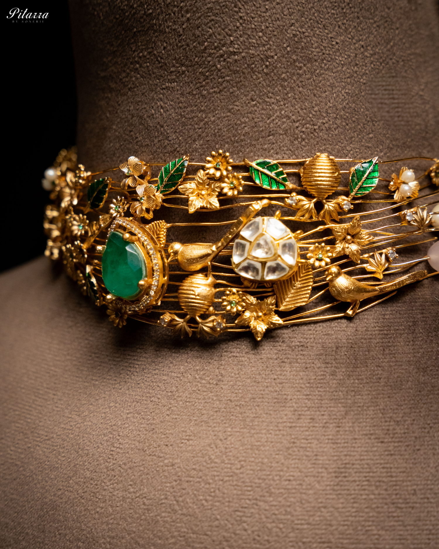 Golden Leaf With Green Crystals Choker Set