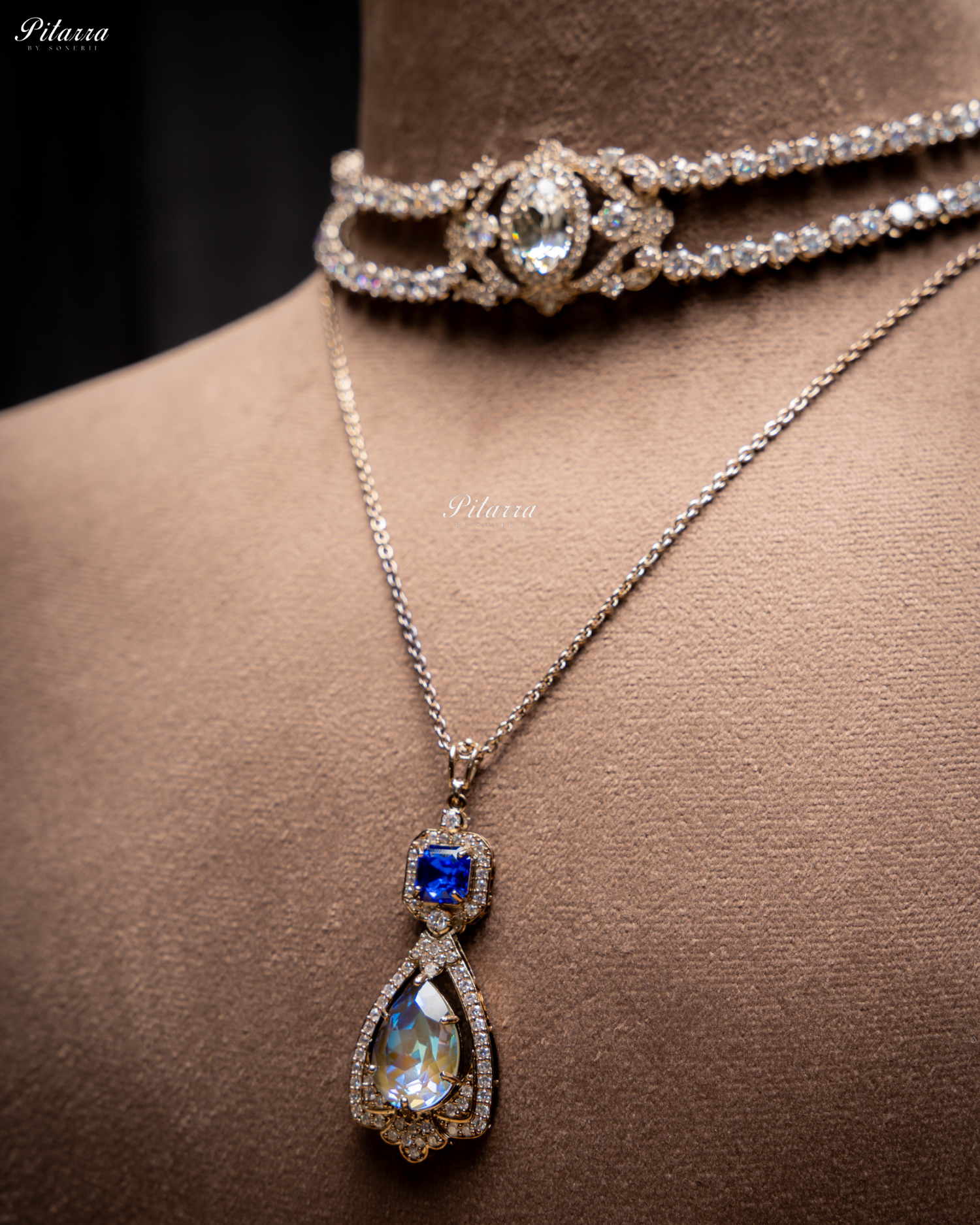 Navy Blue Stone Layered Zircon Necklace Set