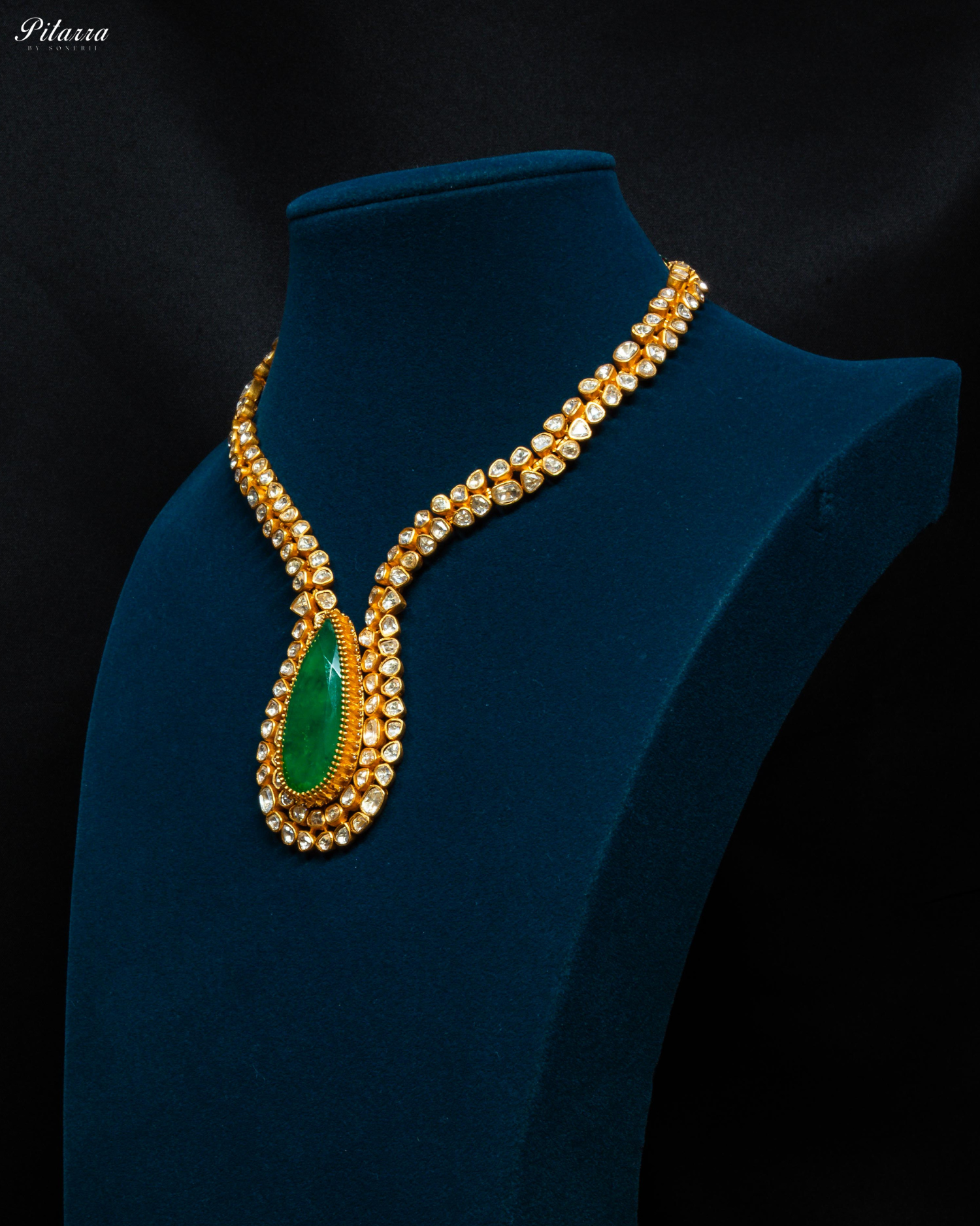 Emerald Stone Golden Pachi Kundan Necklace Set