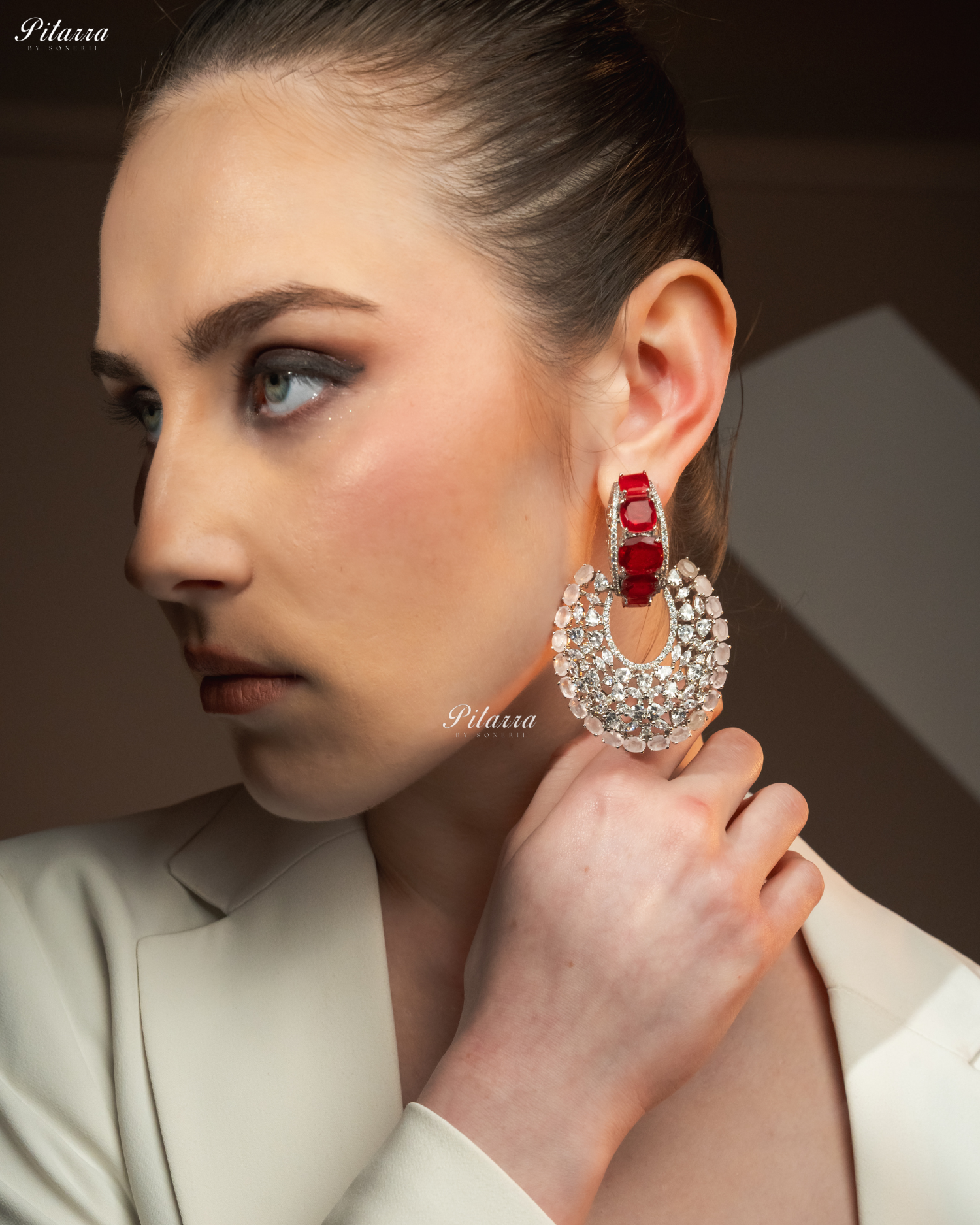 Red Stone White Layer Cubic Zirconia Dangler Earrings