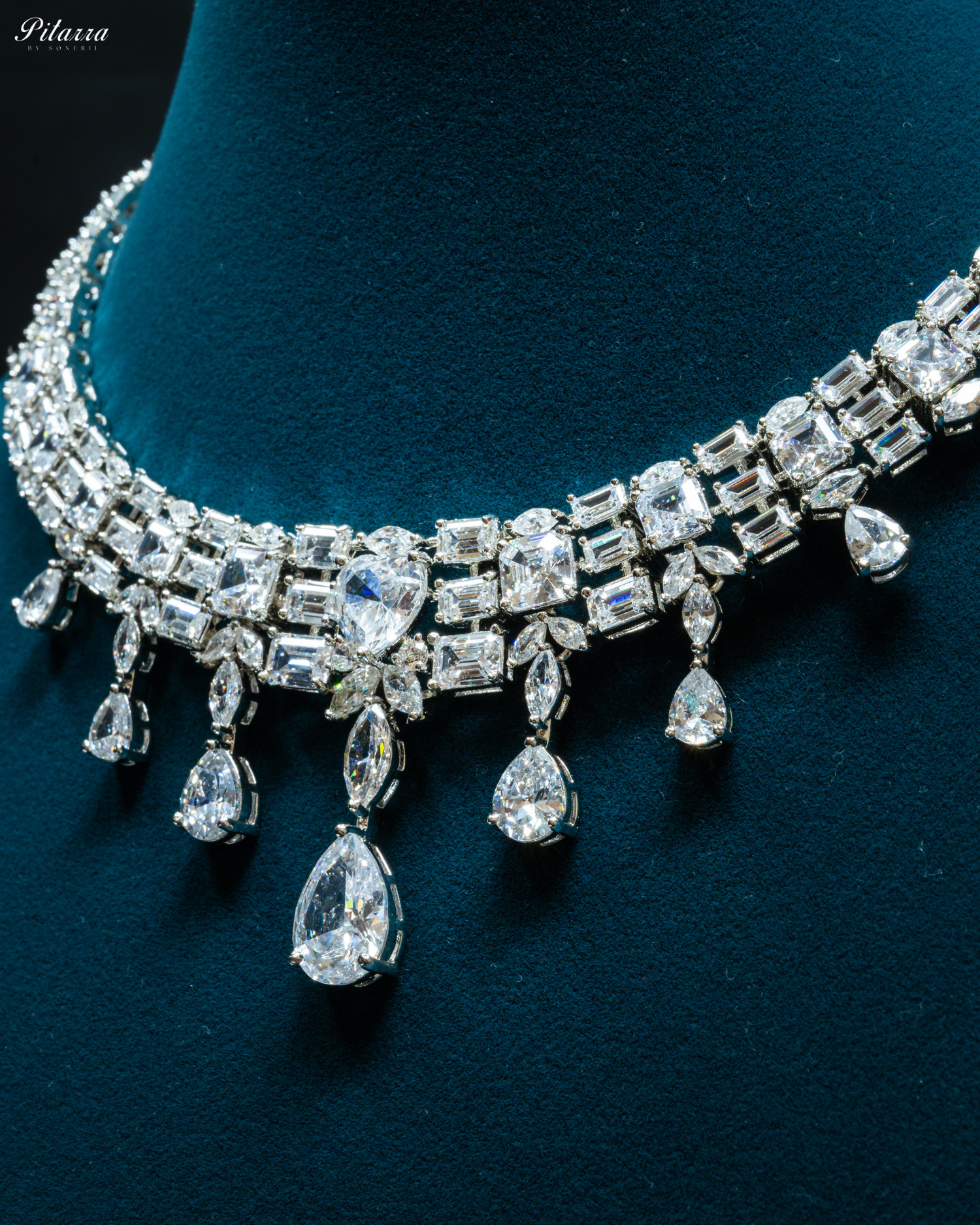 Silver Drop Cubic Zirconia Studded Necklace Set
