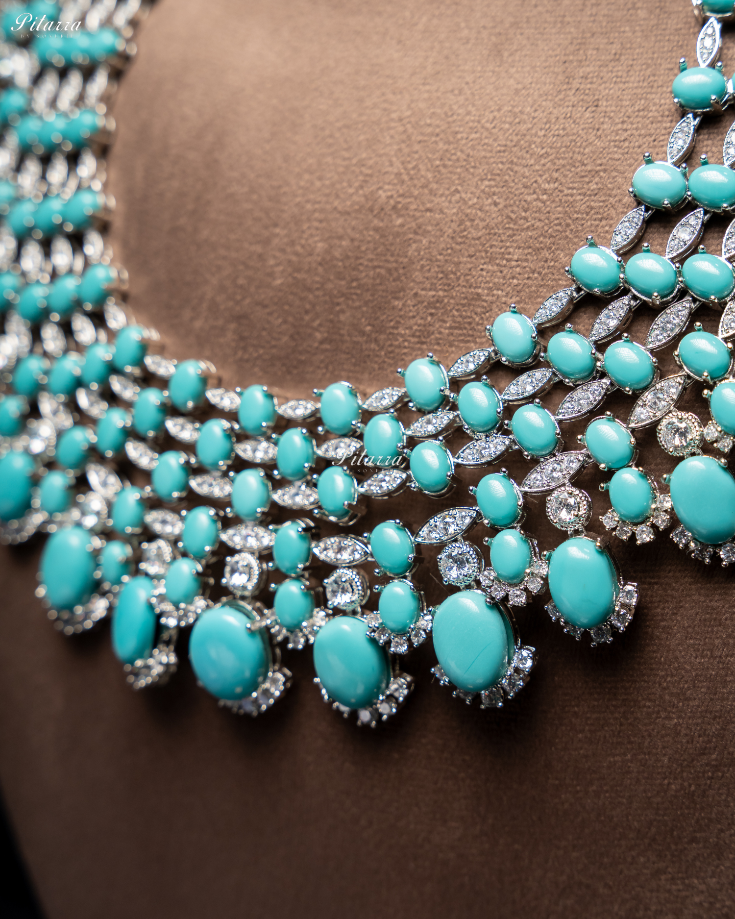 Turquiose Blue Stone Silver Multi Layer CZ Necklace Set