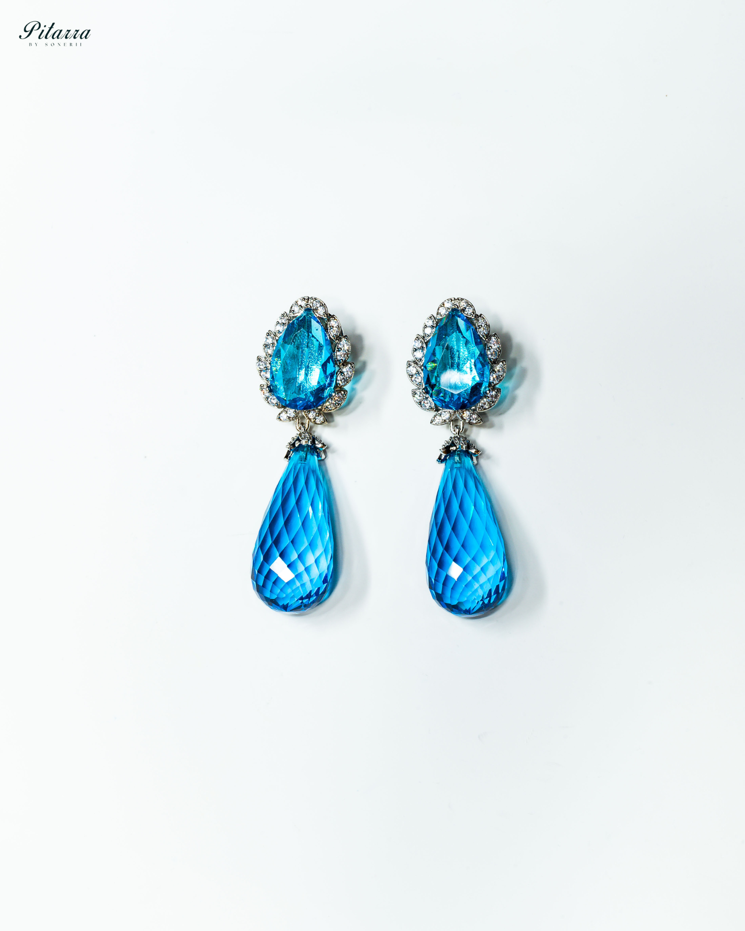 Silver Finish Blue CZ Drop Earrings