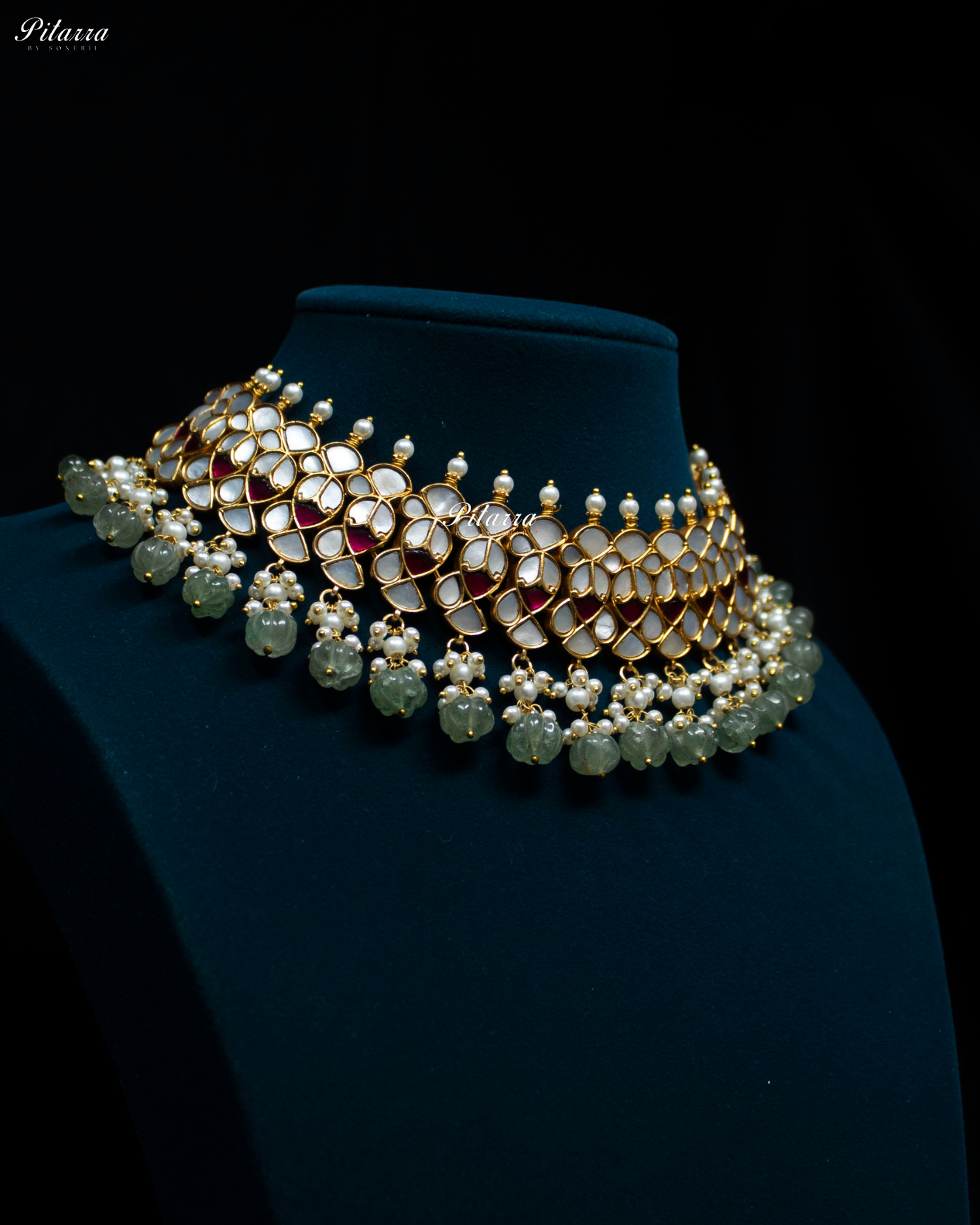 Green Beads Pink Line Traditional Kundan Choker Set