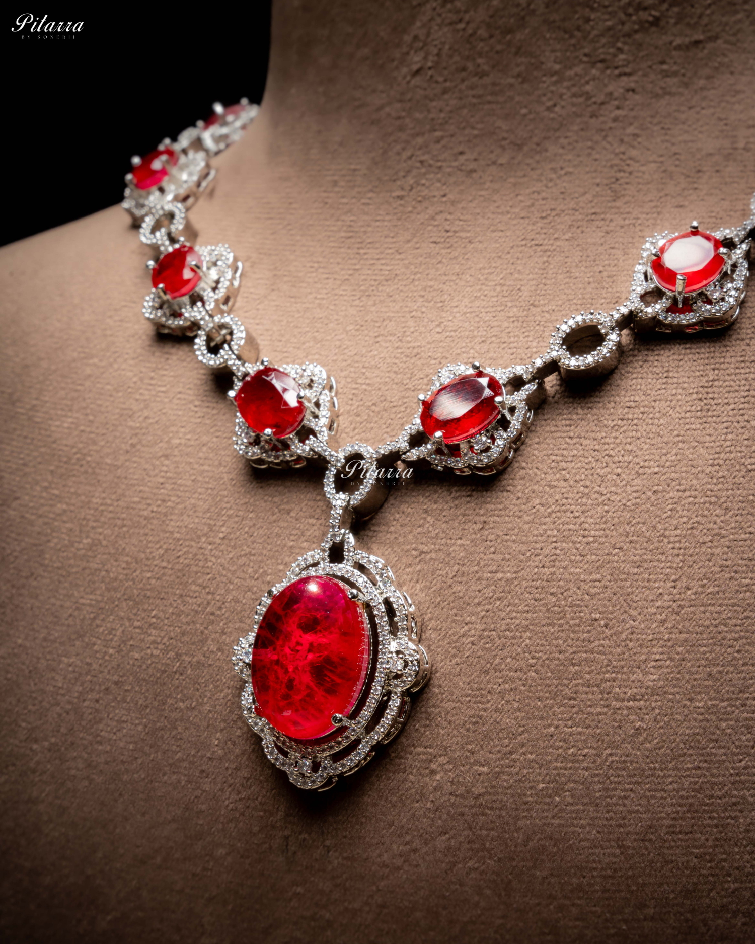 Red Stone Silver Finish Tone Crystal Necklace Set