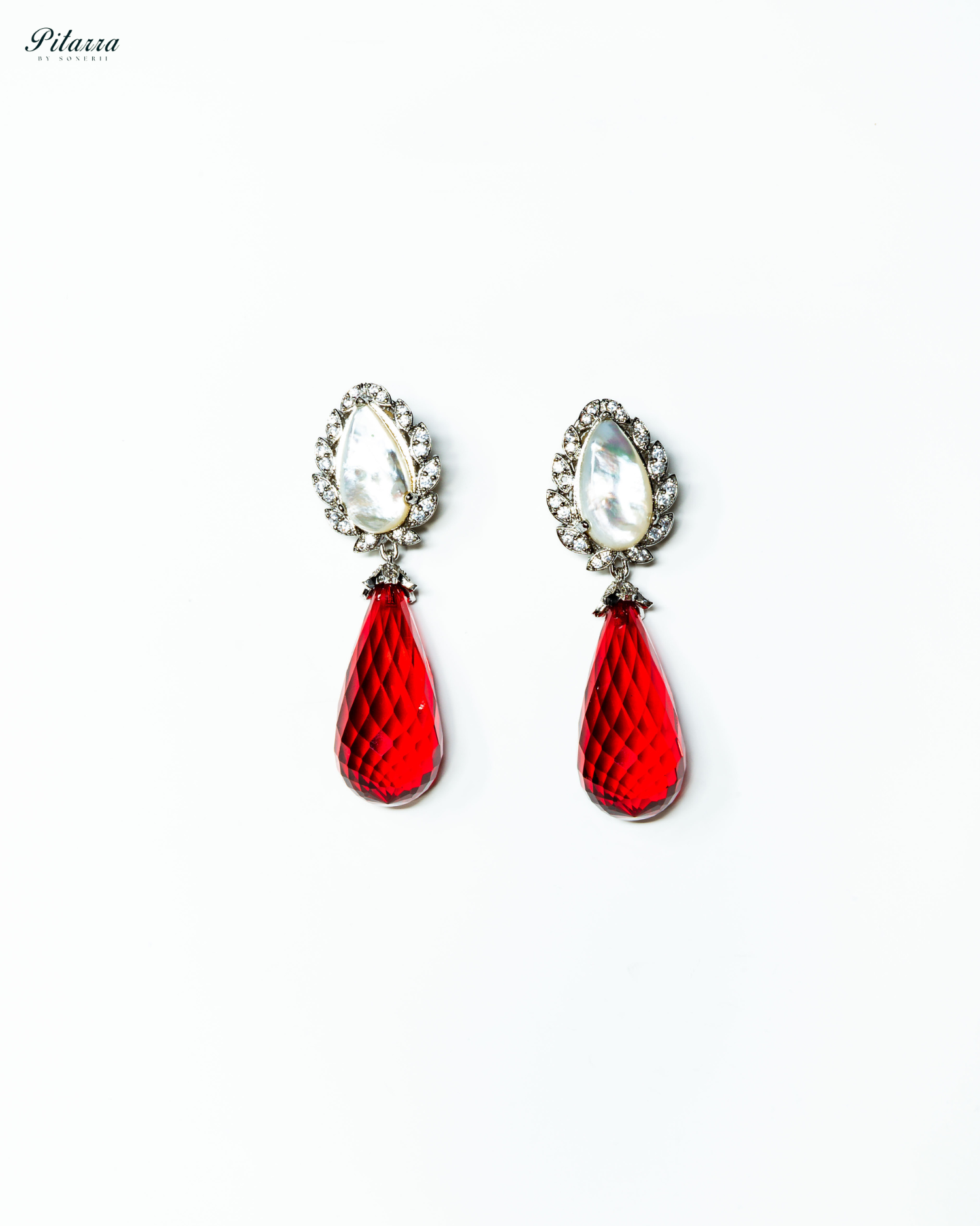 Silver Finish White and Red CZ Drop Earrings