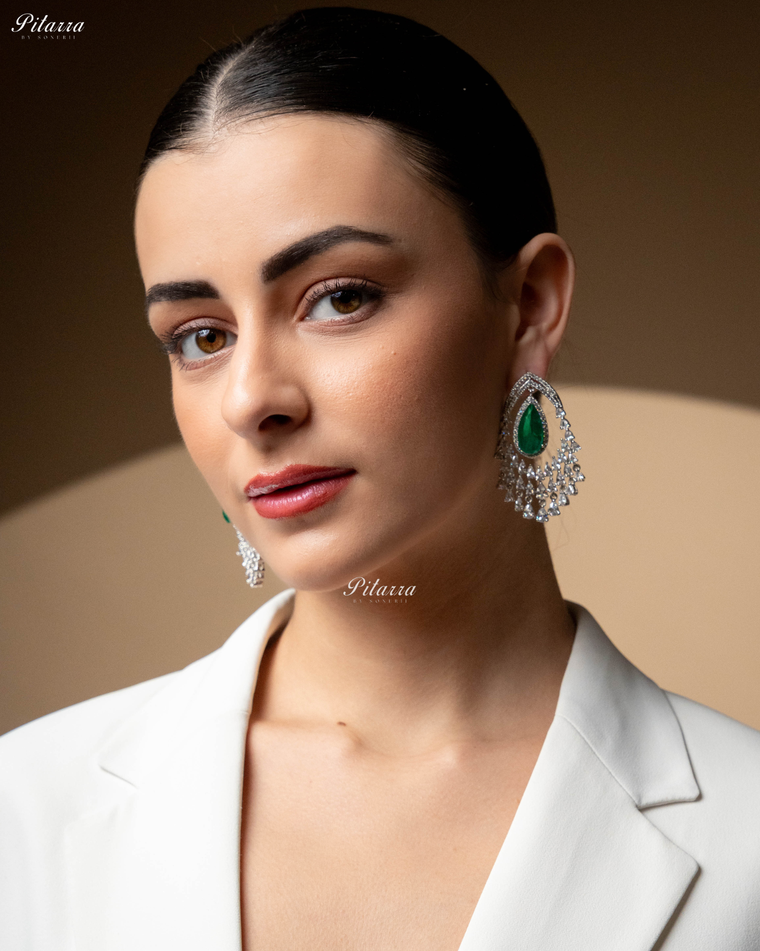 Emerald Stone Silver CZ Dangle Earrings