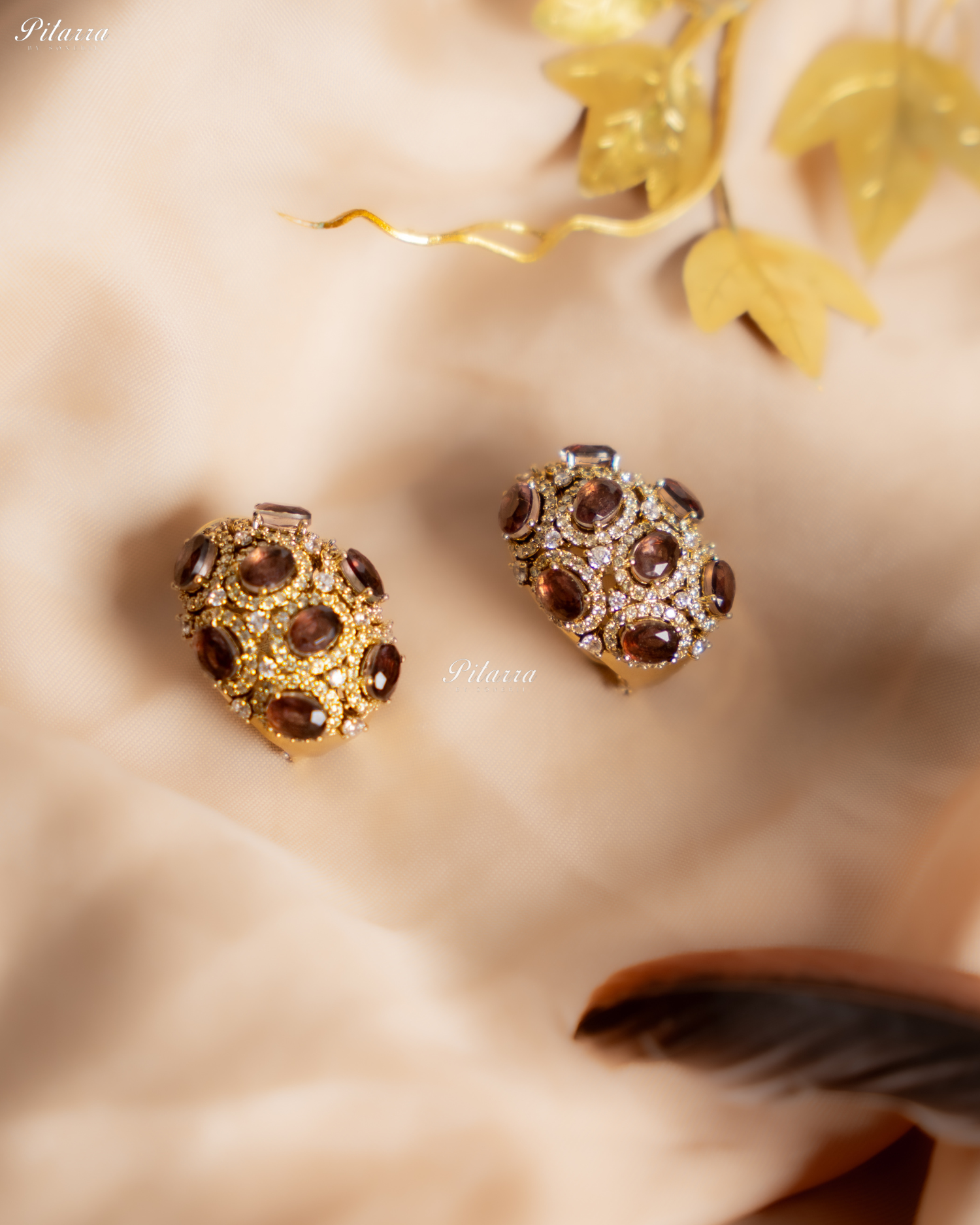 Brown Stone Golden Crystal Stud Earrings