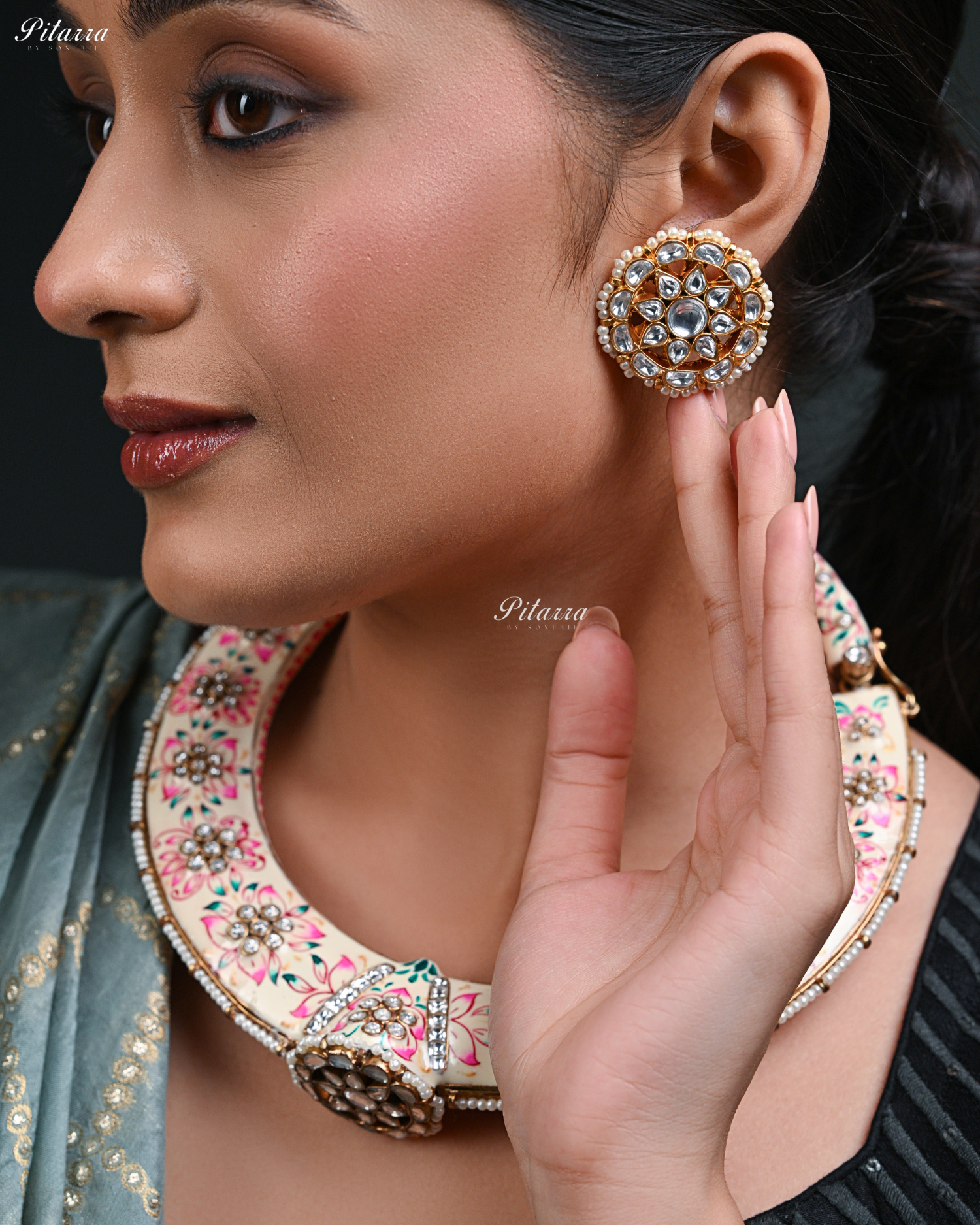 Rajwada Pink Floral Meenakari Kundan Choker Set