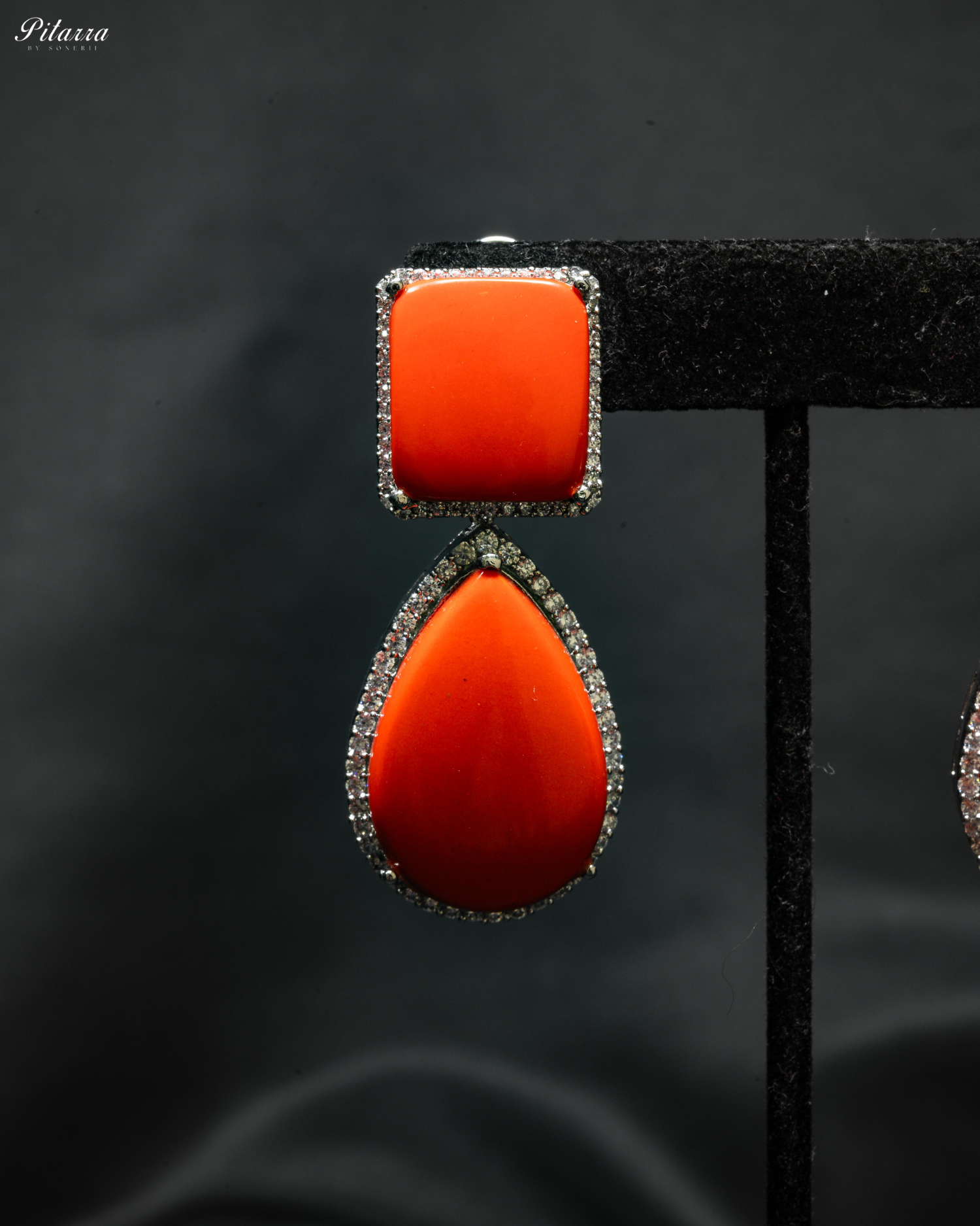 Orange Red Color Drop Square Silver Crytsal Dangle Earrings
