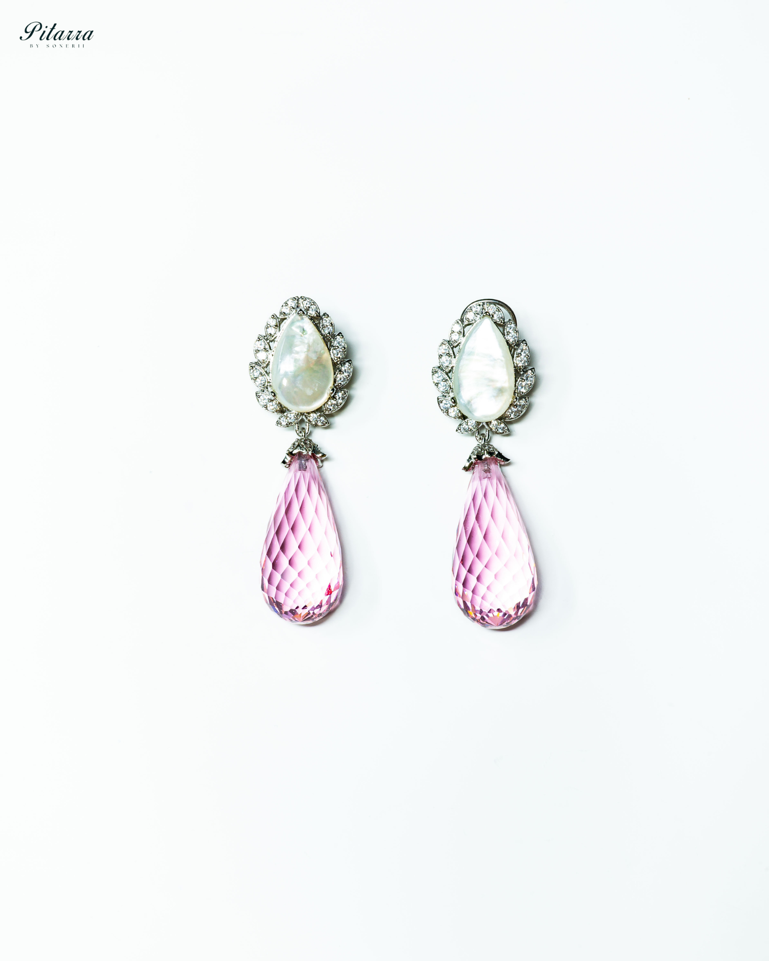 Silver Finish White and Pink CZ Drop Earrings