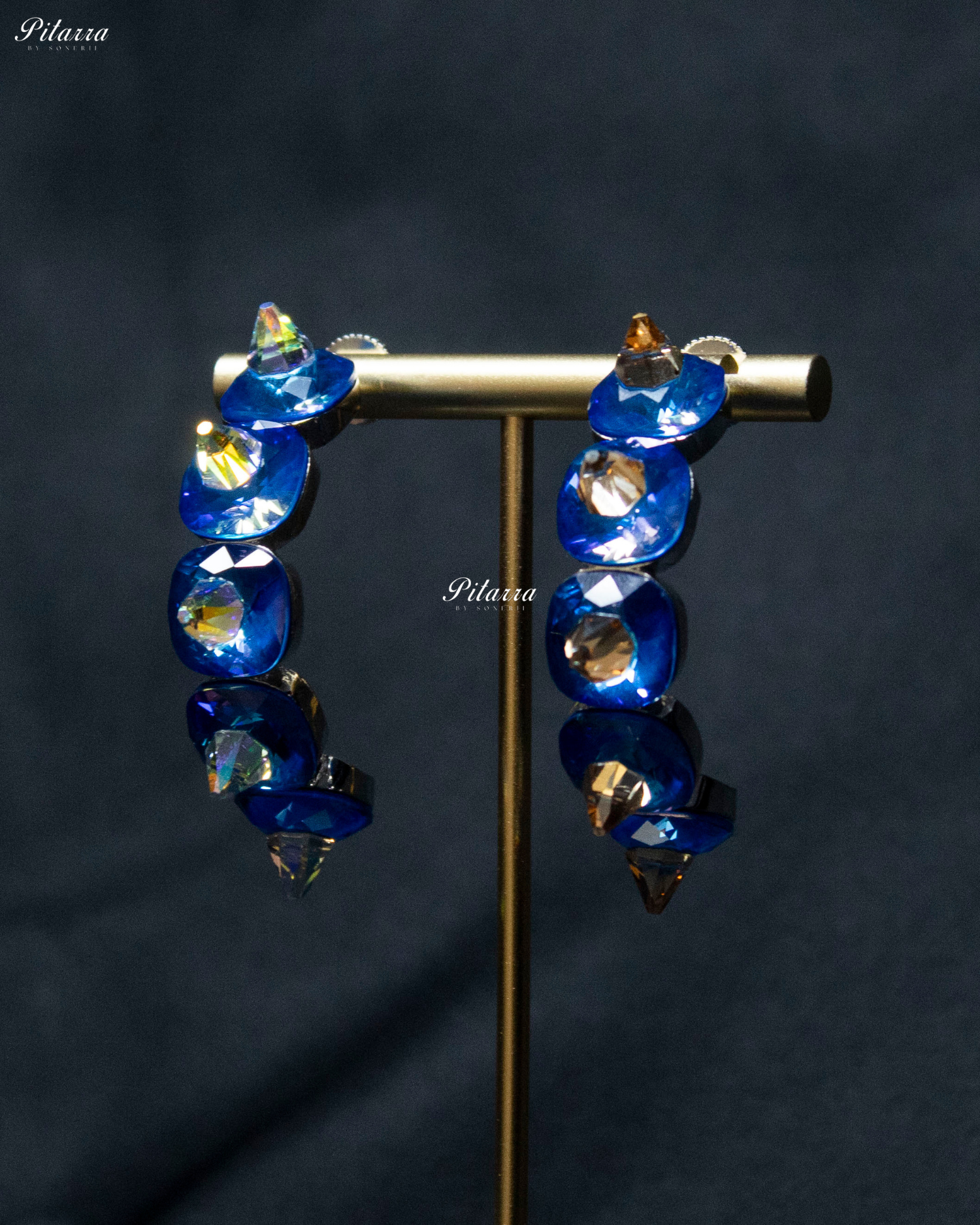 Blue Stone Pyramid Cut Crystal Dangle Earrings