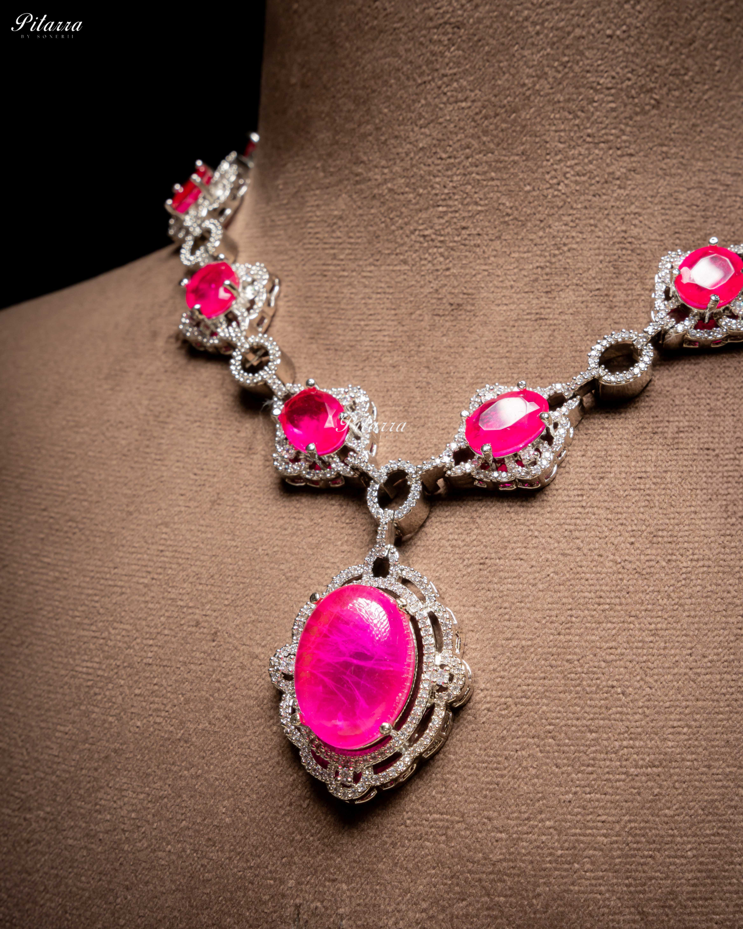 Pink Stone Silver Finish Tone Crystal Necklace Set