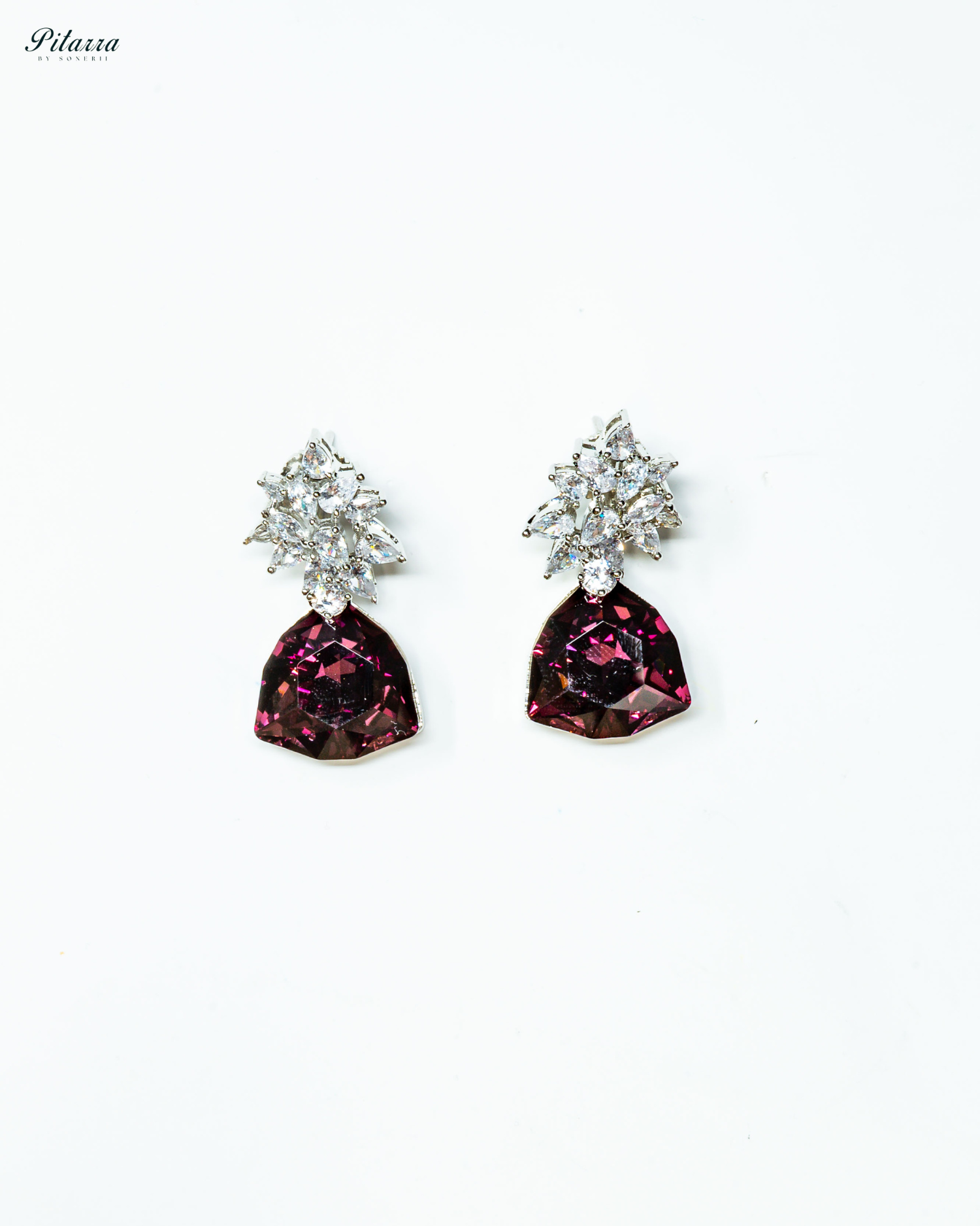 Wine Red Silver Floral CZ Stud Earrings