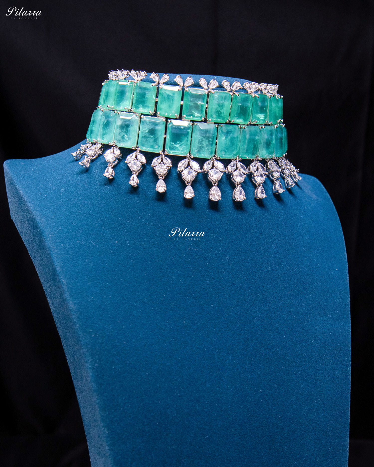 Square Sea Green Doublet Statement Choker Necklace Set