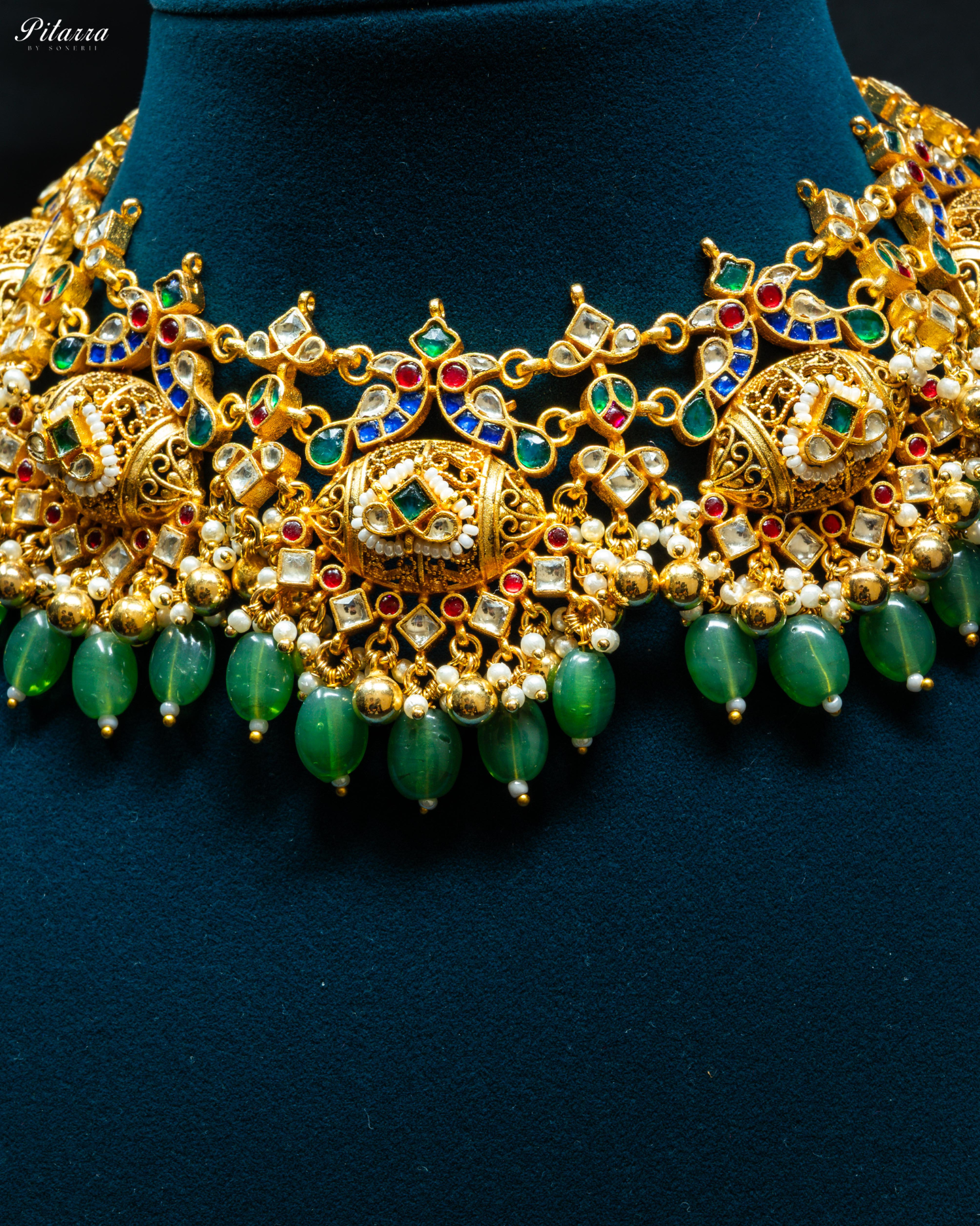 Gold Finish Green Beads Antique Design Choker Set