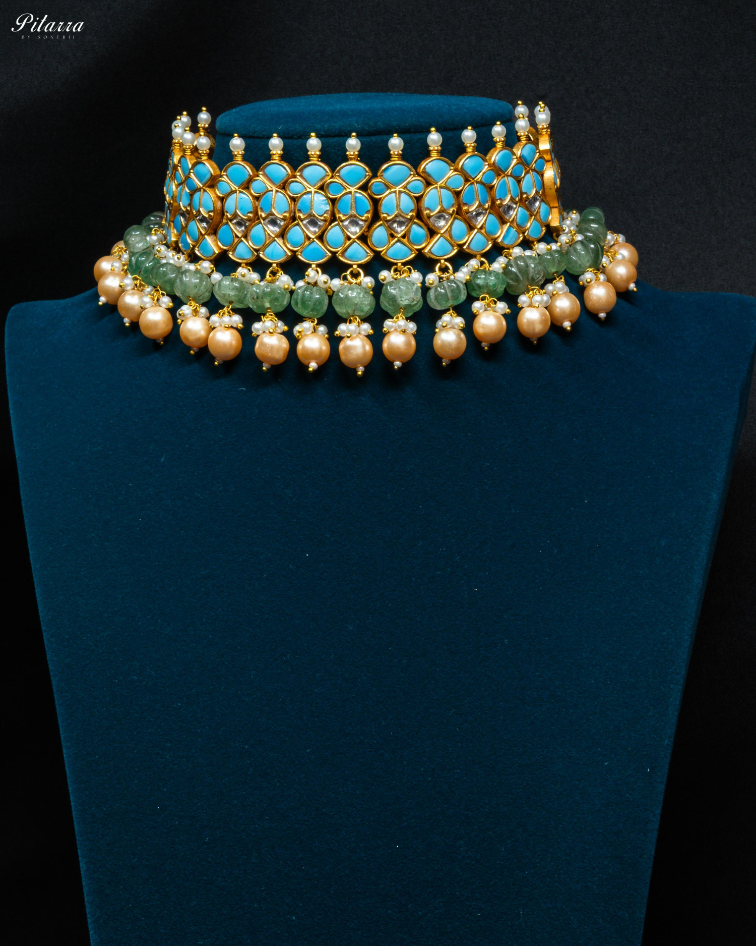 Turquoise Blue Stone Pearls Meenkari Kundan Choker Set