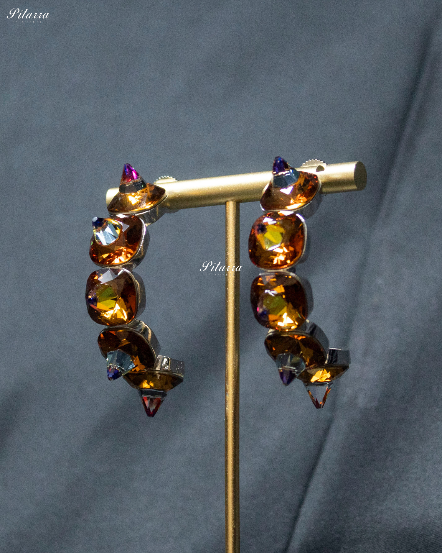 Gold Stone Pyramid Cut Crystal Dangle Earrings
