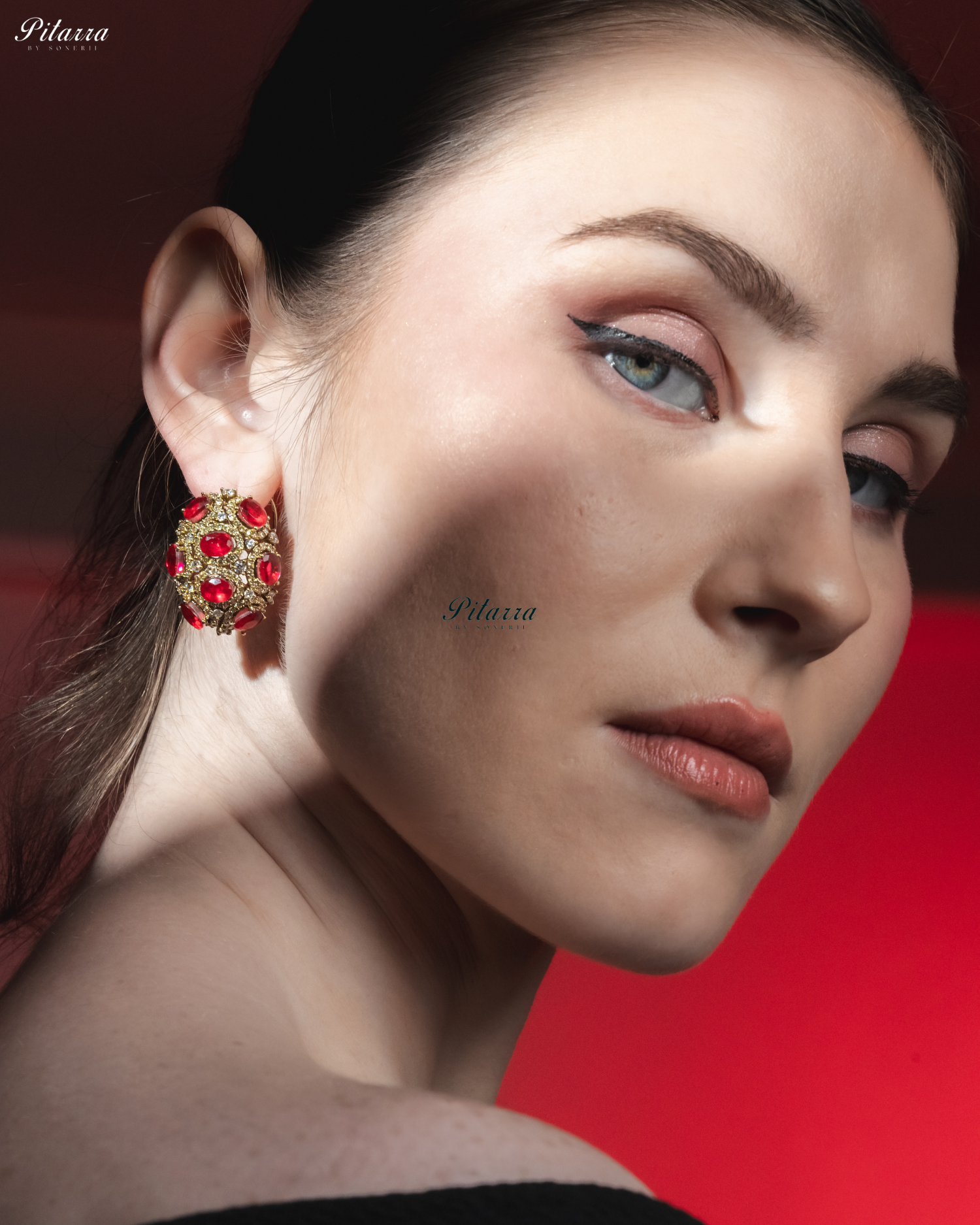 Red Stone Golden Crystal Stud Earrings