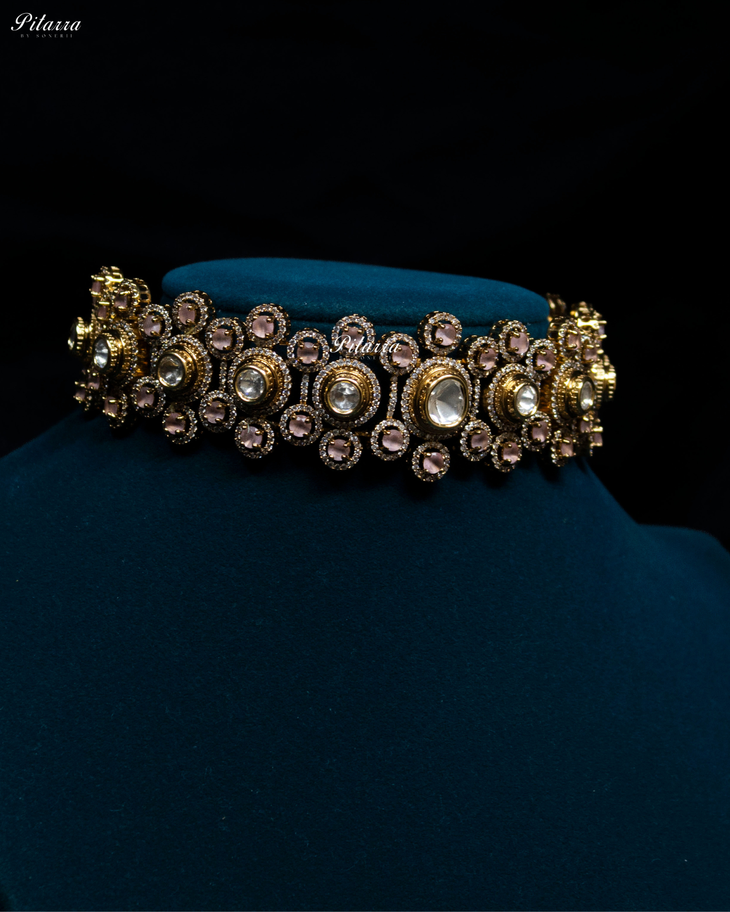 Pink Stone Gold Finish Moissanite Kundan Choker Set