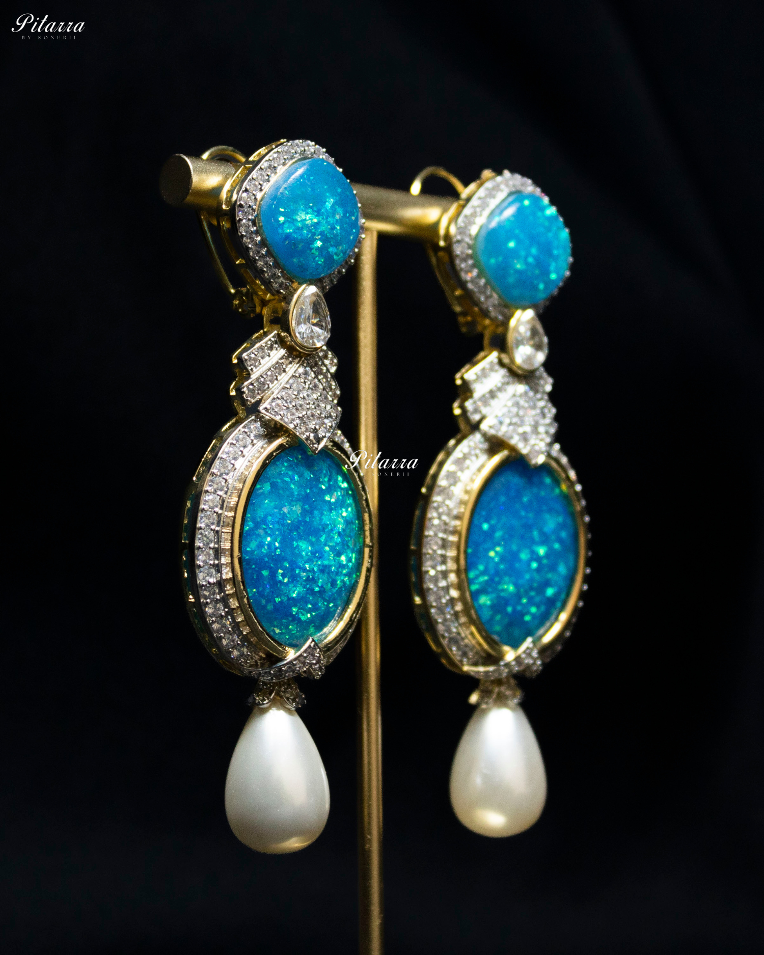 Ocean Blue Pearl Stone Silver CZ Dangler Earrings