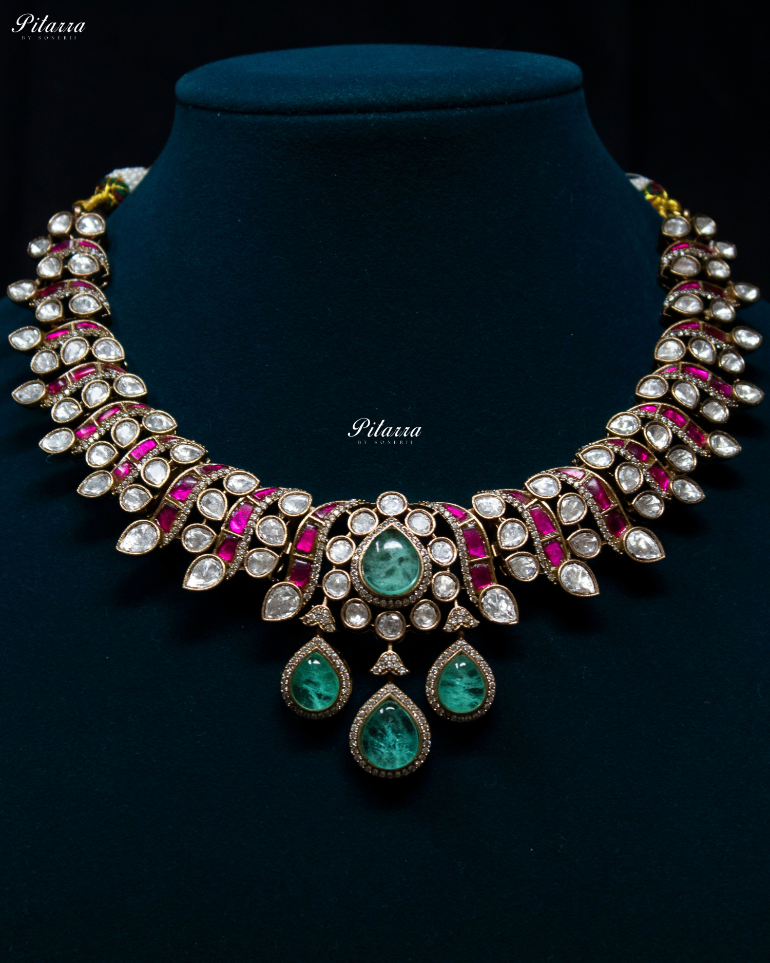 Green Drop Pink Line Victorian Polki Kundan Necklace Set
