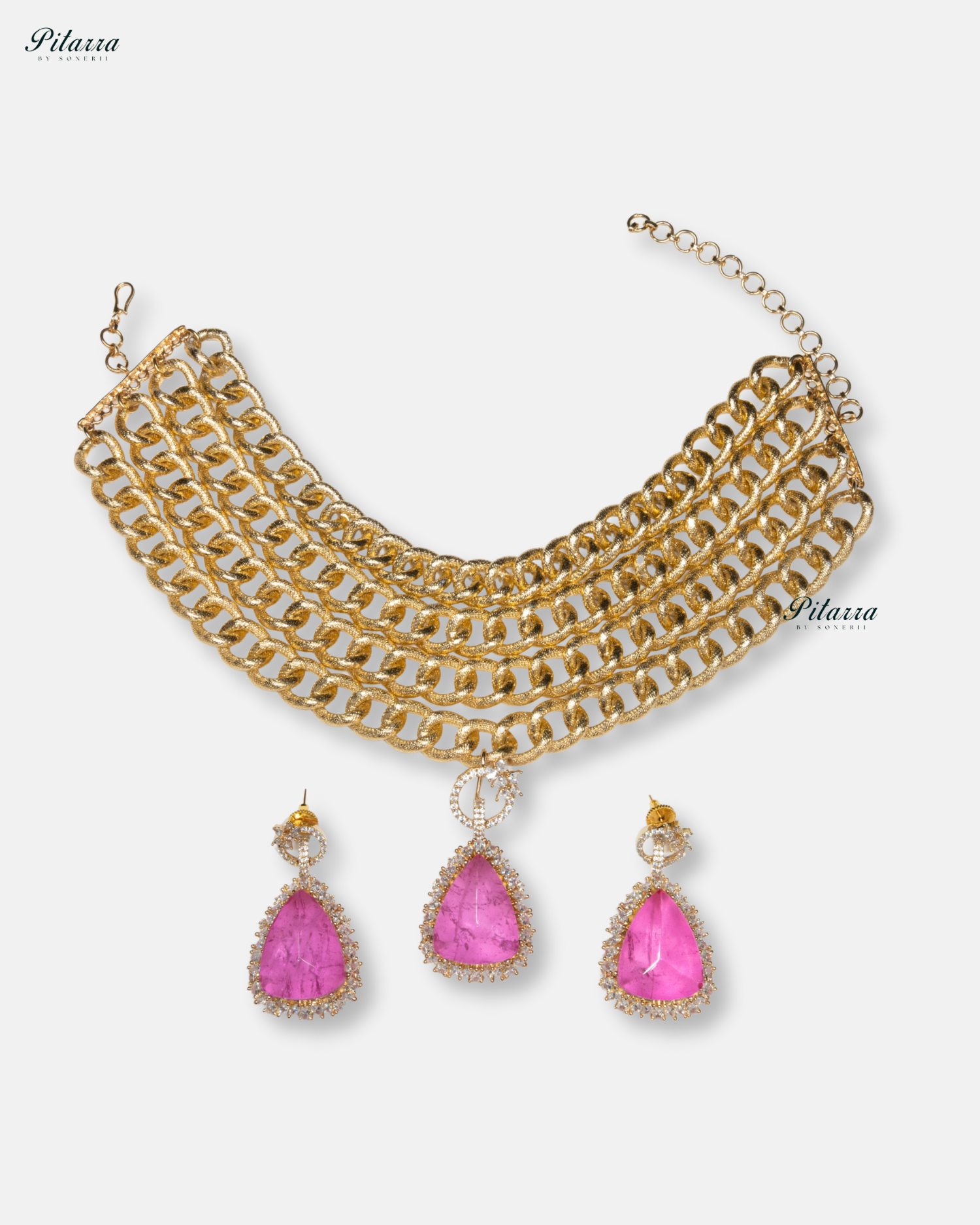 Golden Multilayered Pink Stone Statement Pendant Chain Choker