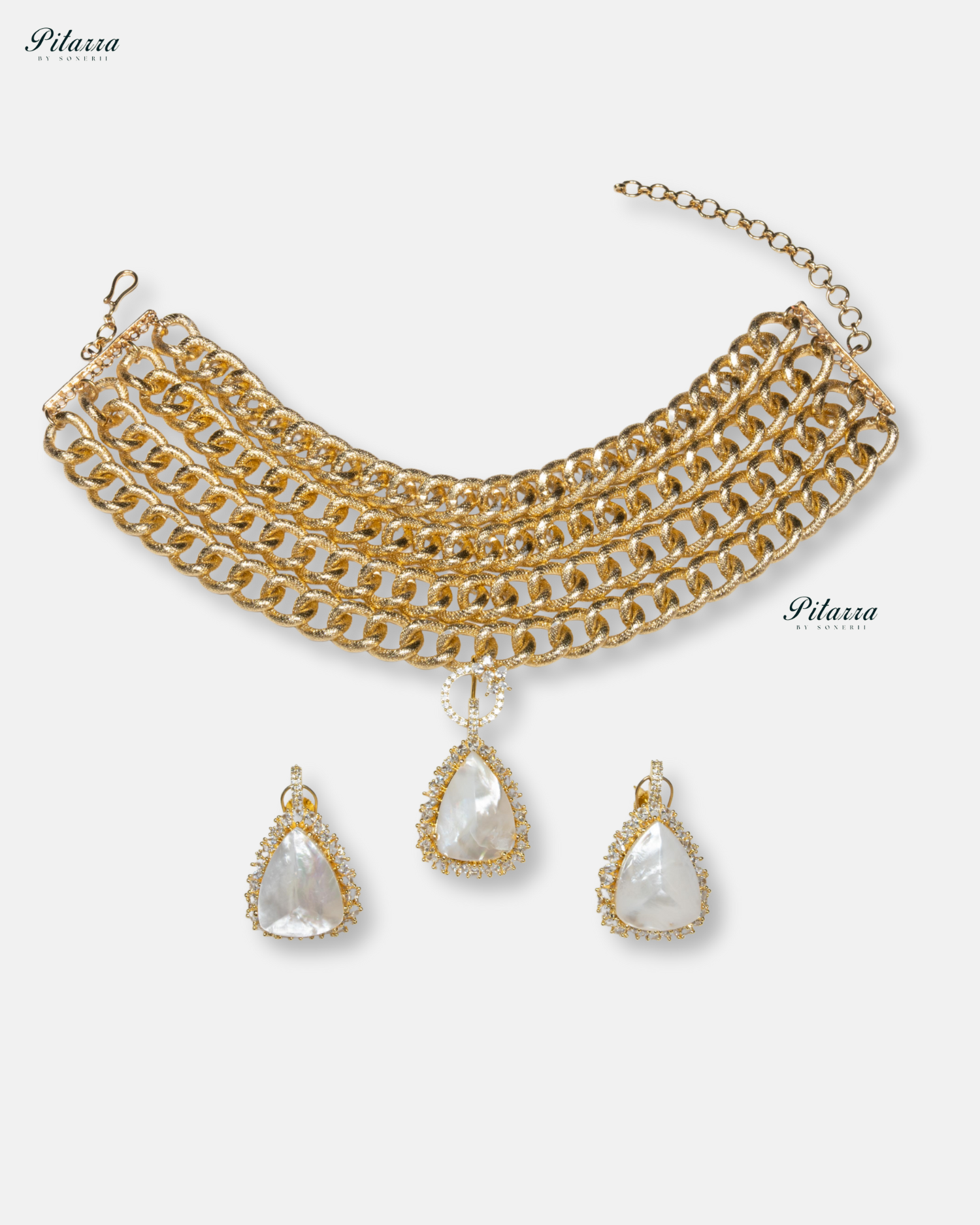 Golden Multilayered White Stone Statement Pendant Chain Choker