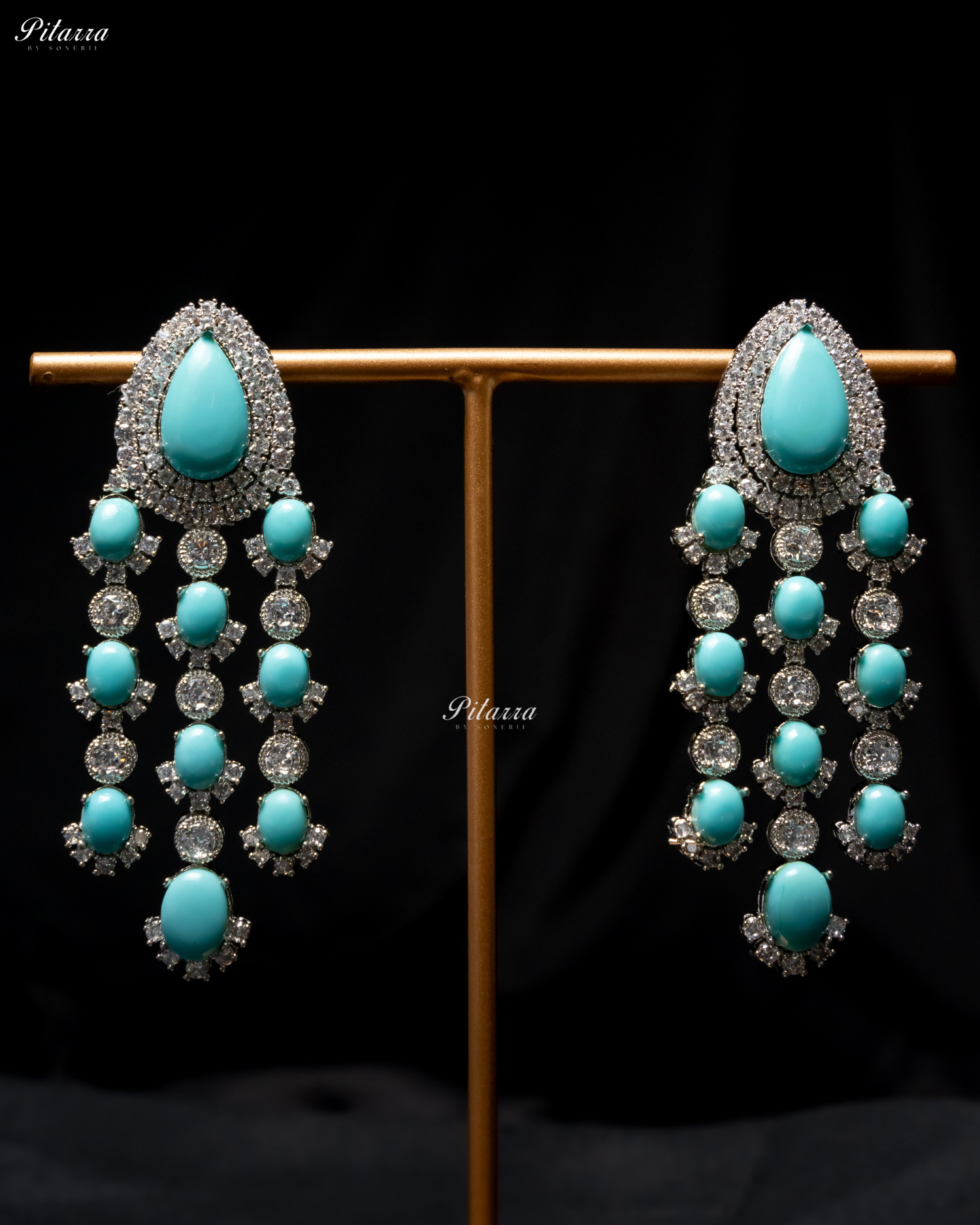 Turquiose Blue Stone Silver Multi Layer CZ Necklace Set