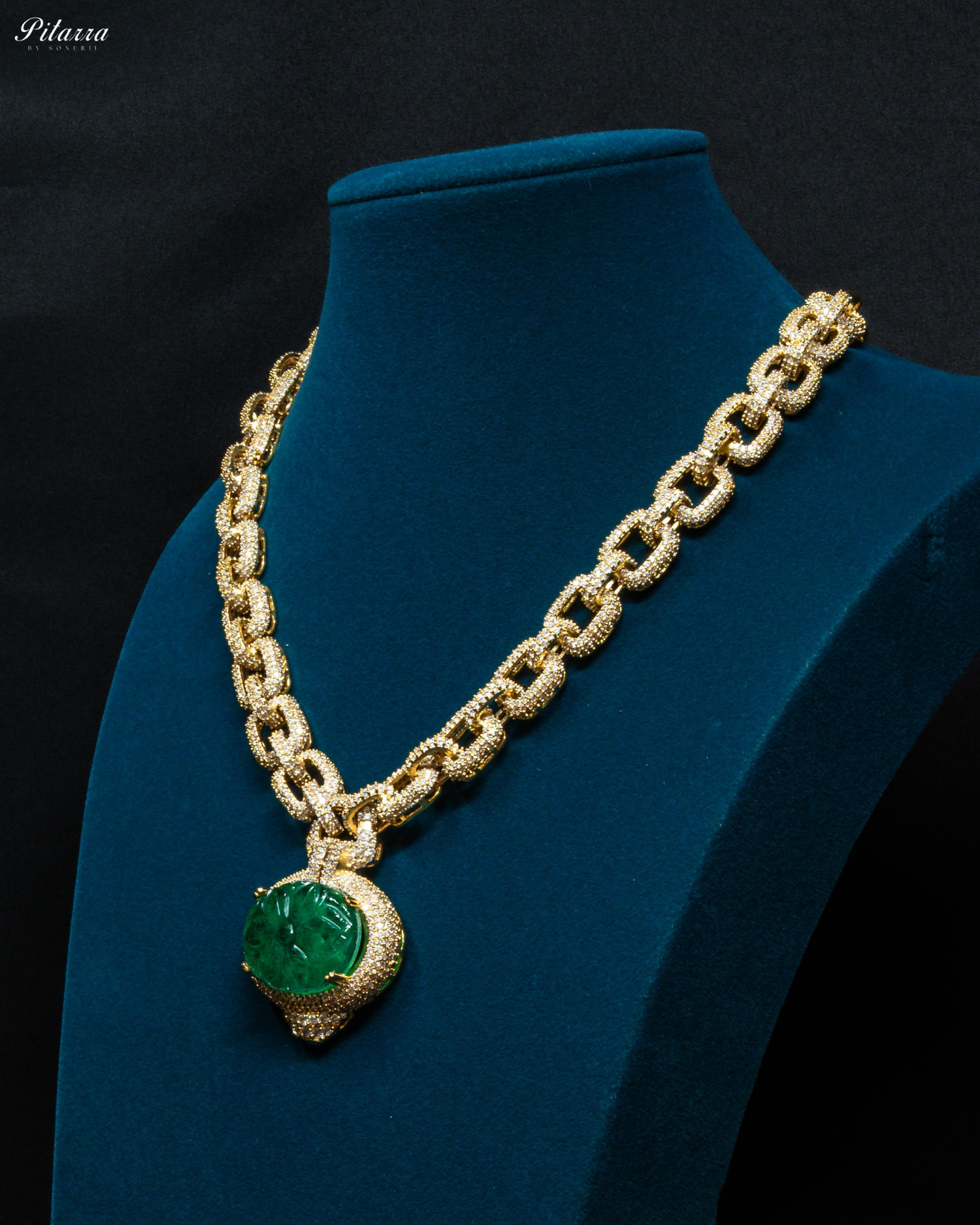 Emerald Stone CZ Golden Crystal Necklace Set