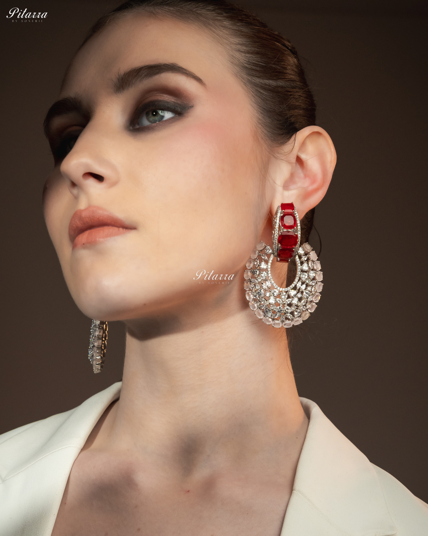 Red Stone White Layer Cubic Zirconia Dangler Earrings