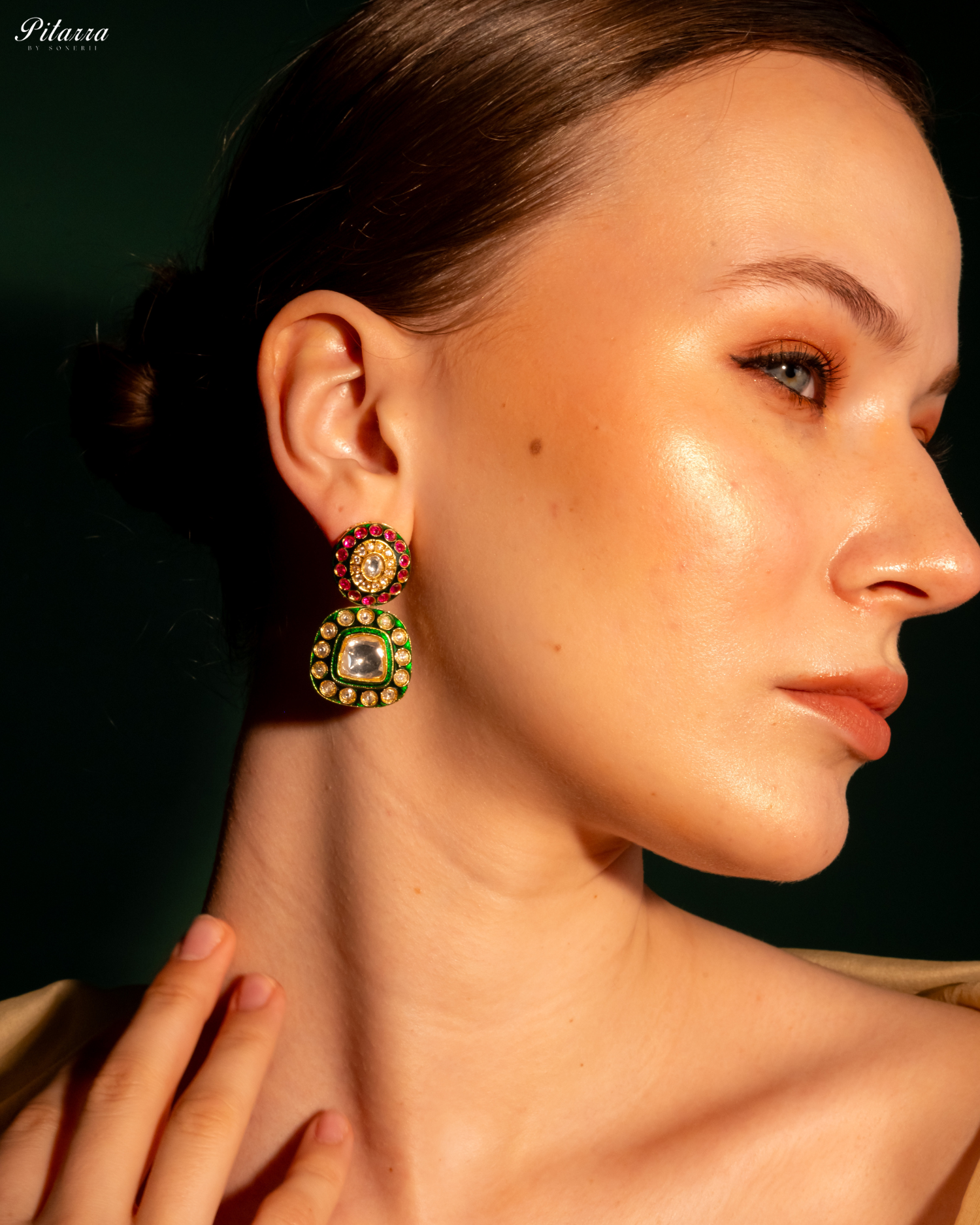 Lauren Green Square Polki Earrings Set