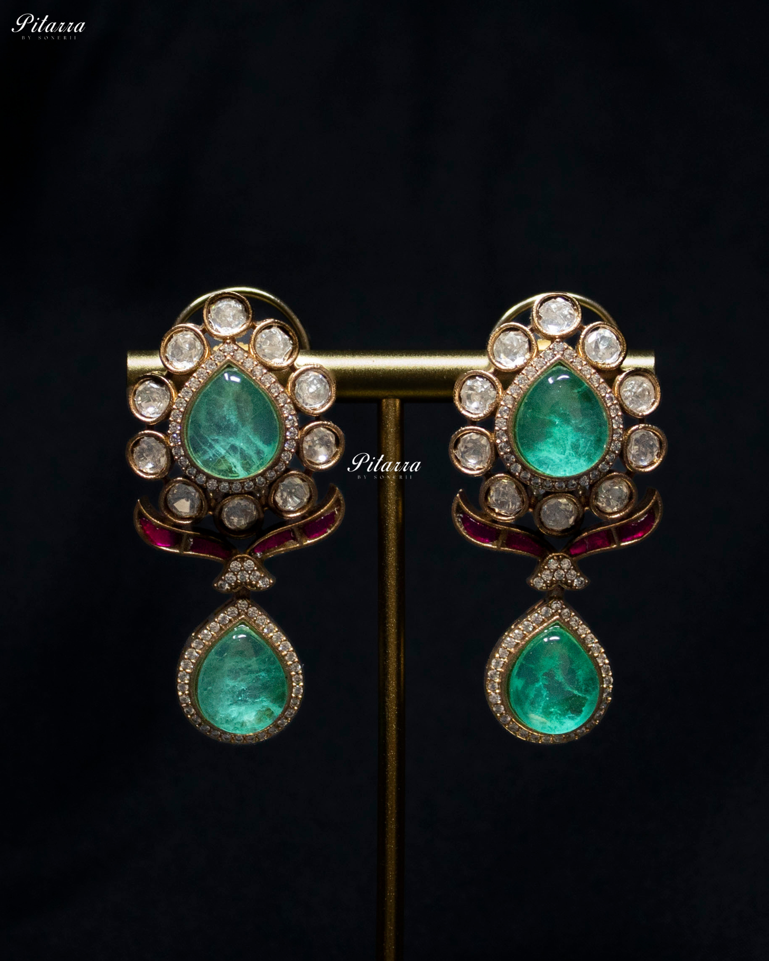 Green Drop Pink Line Victorian Polki Kundan Necklace Set