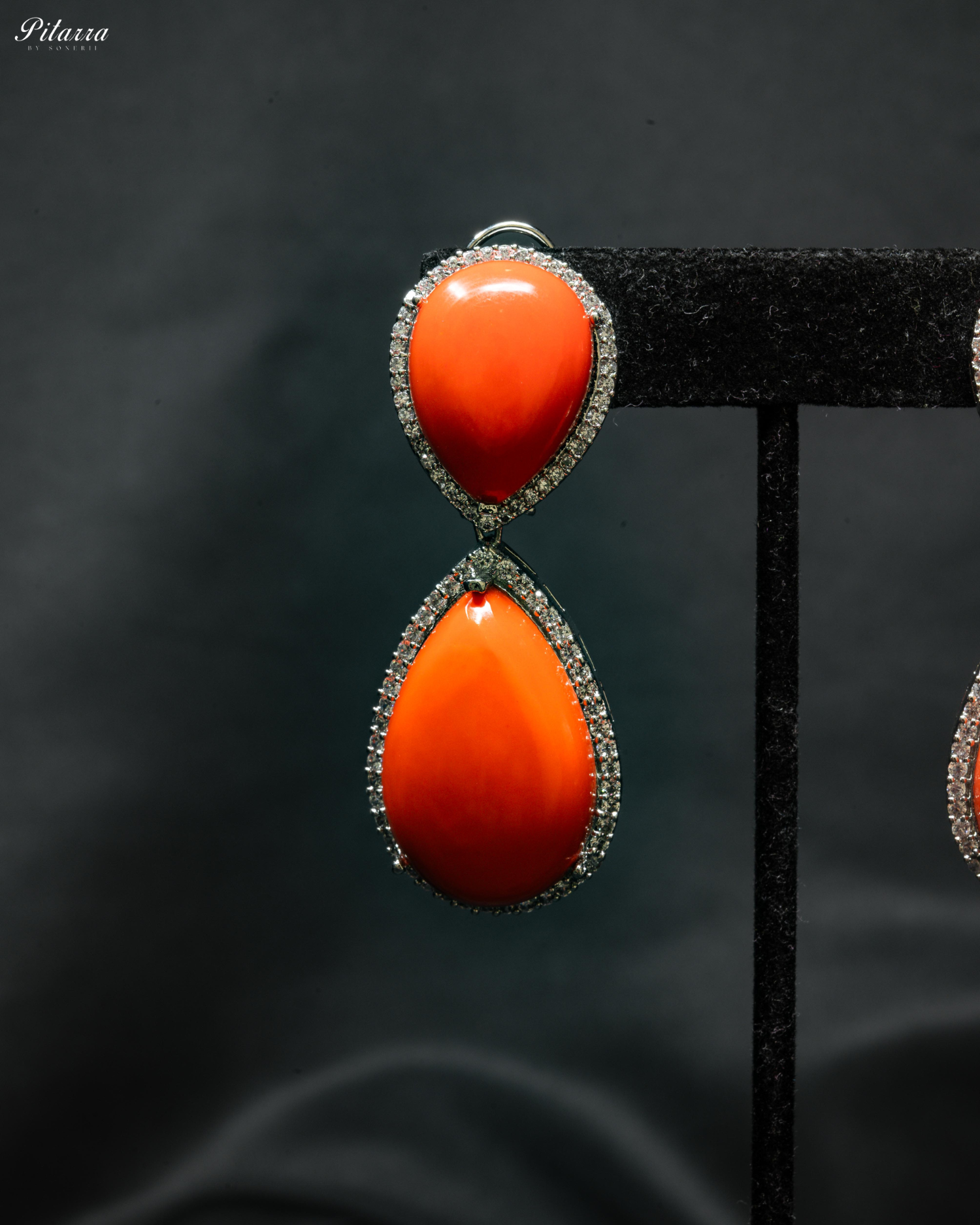 Orange Red Color Drop Stone Silver Crytsal Dangle Earrings