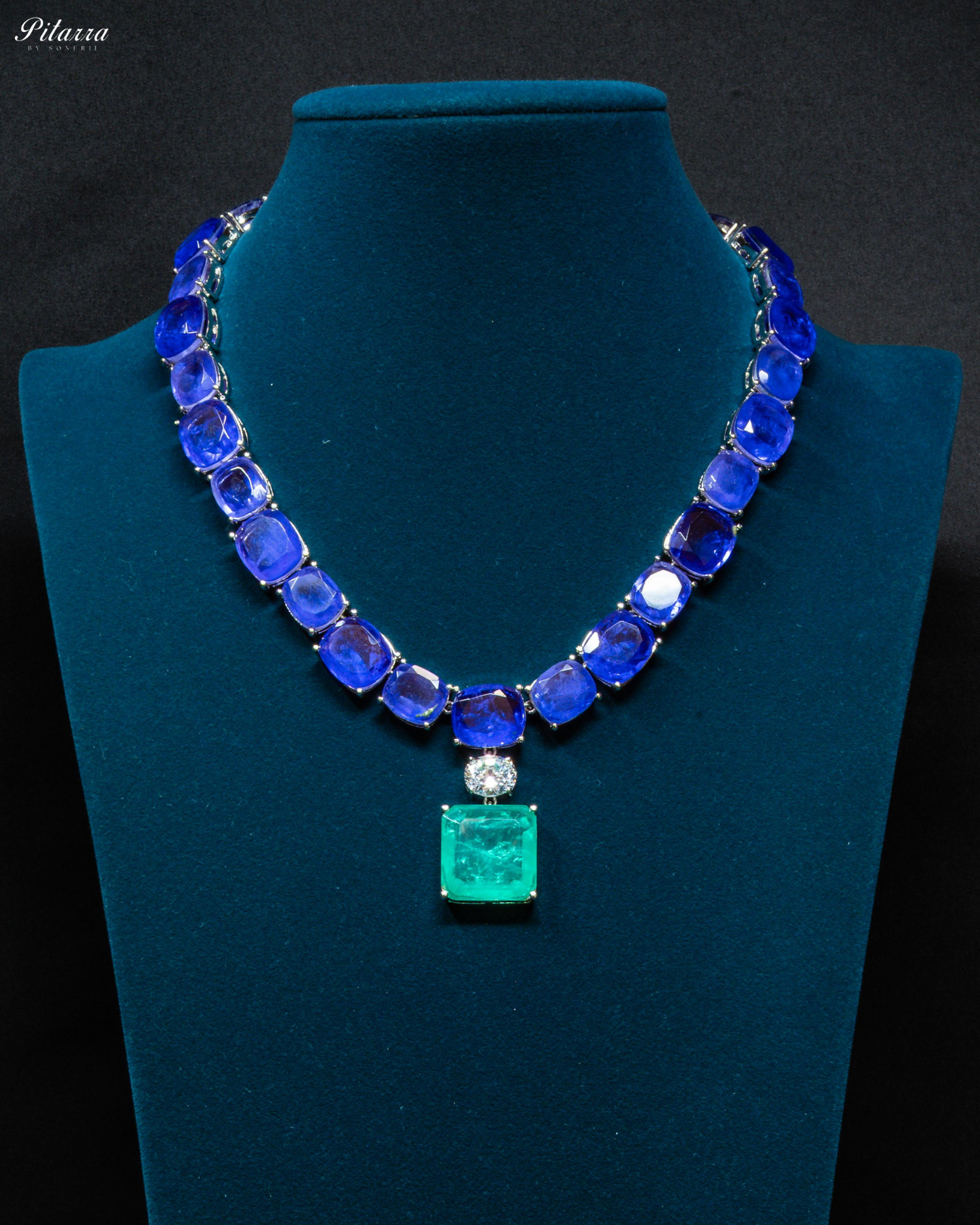Silver Finish Green Square Crystal Necklace Set