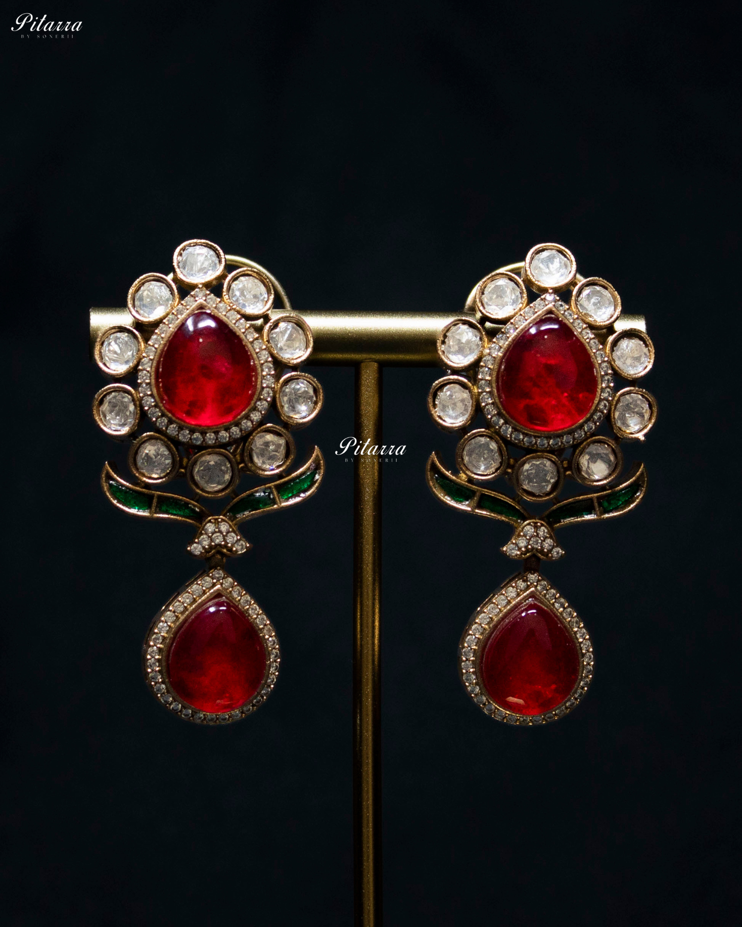 Red Drop Emerald Line Victorian Polki Kundan Necklace Set