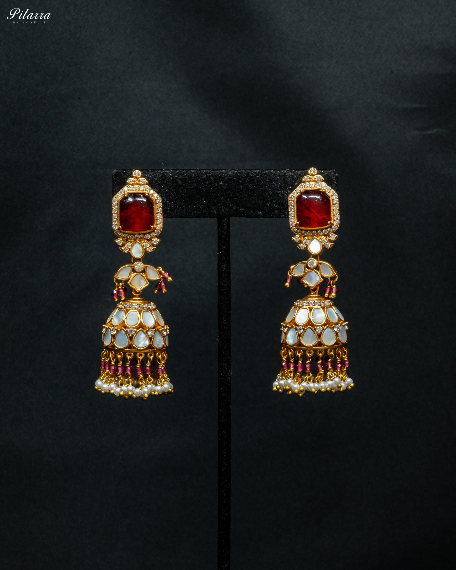 Gold Plated Ruby Red Kundan Jhumka Earrings