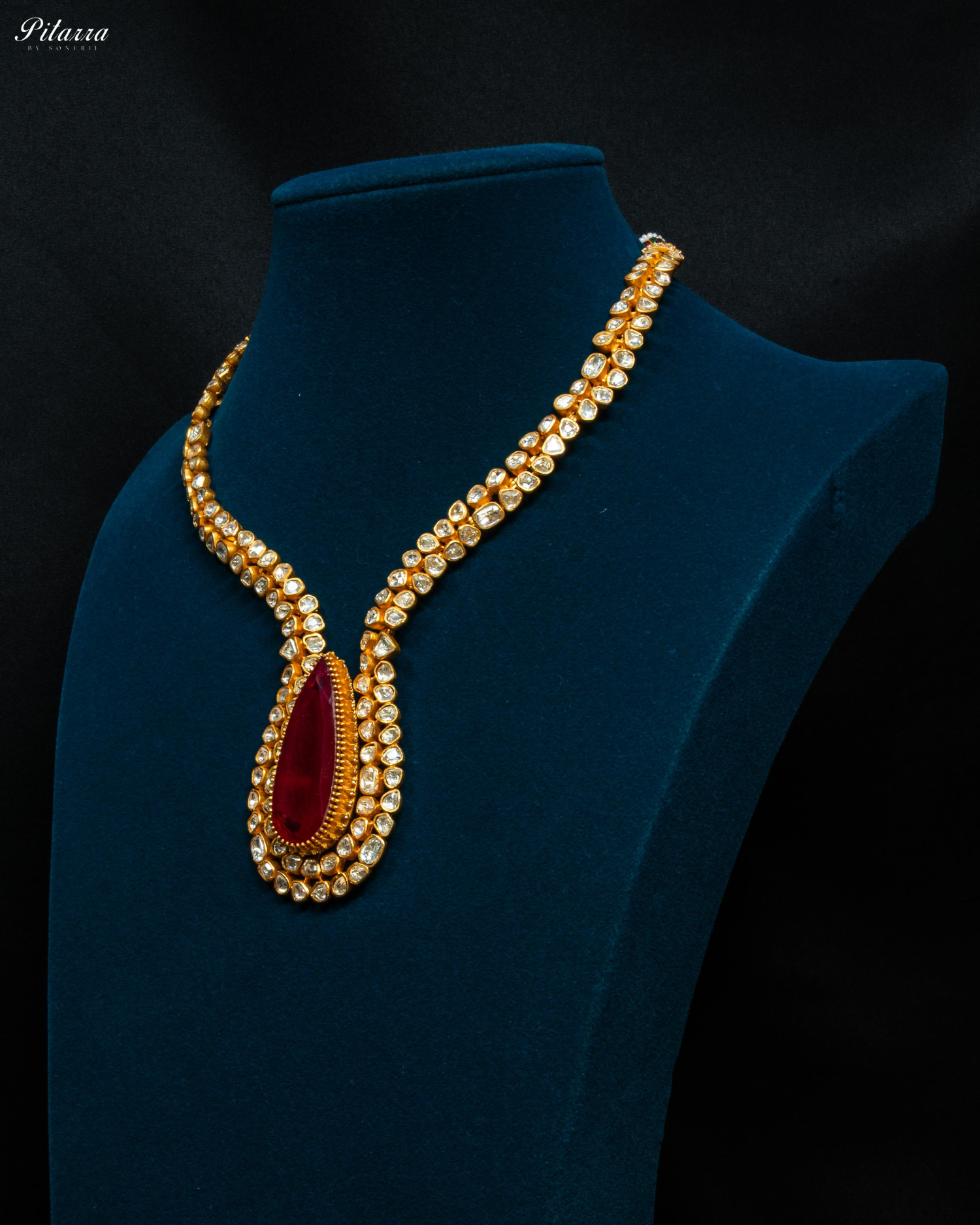 Red Stone Golden Pachi Kundan Necklace Set