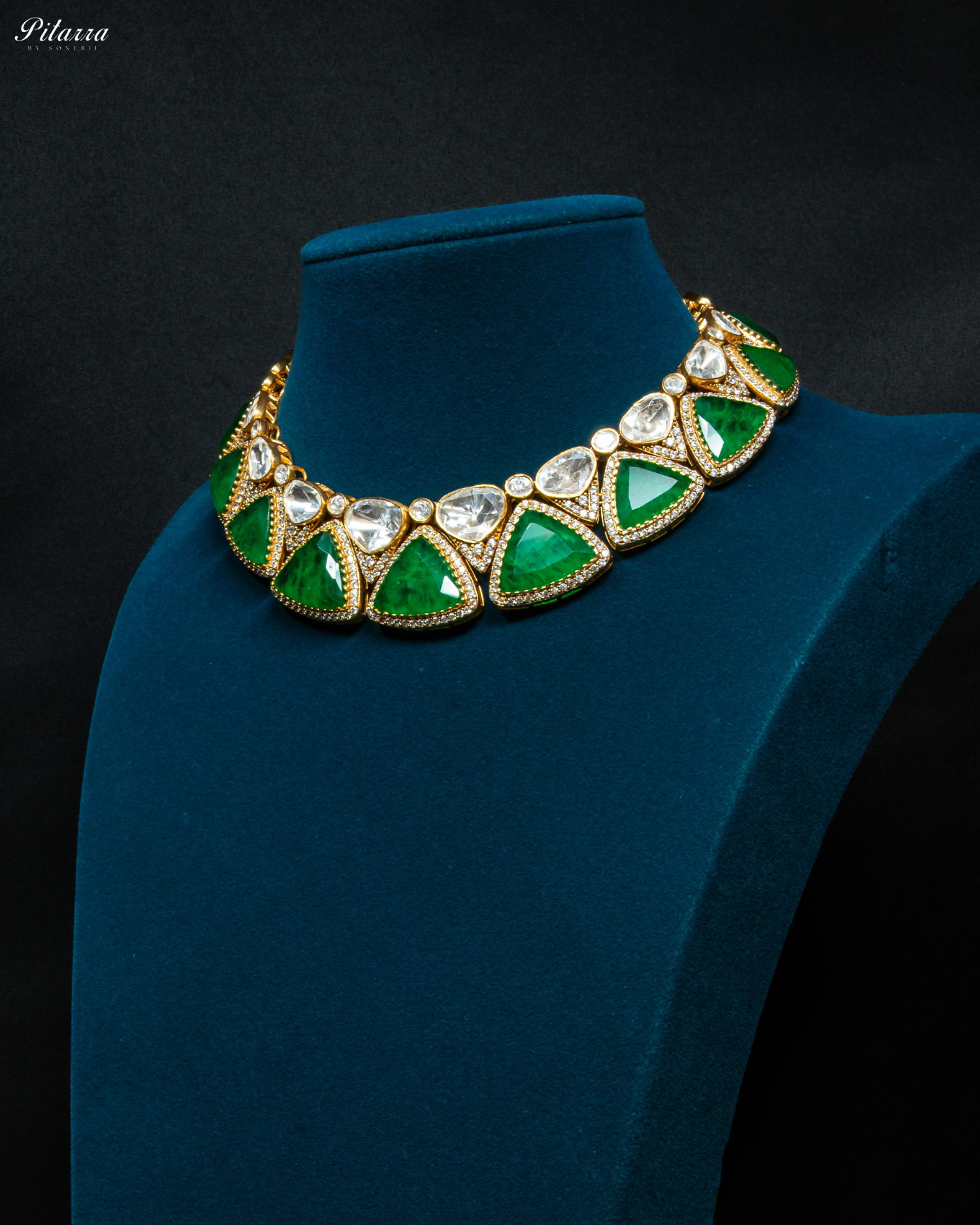 Emerald Stone Golden Traditional Kundan Necklace Set
