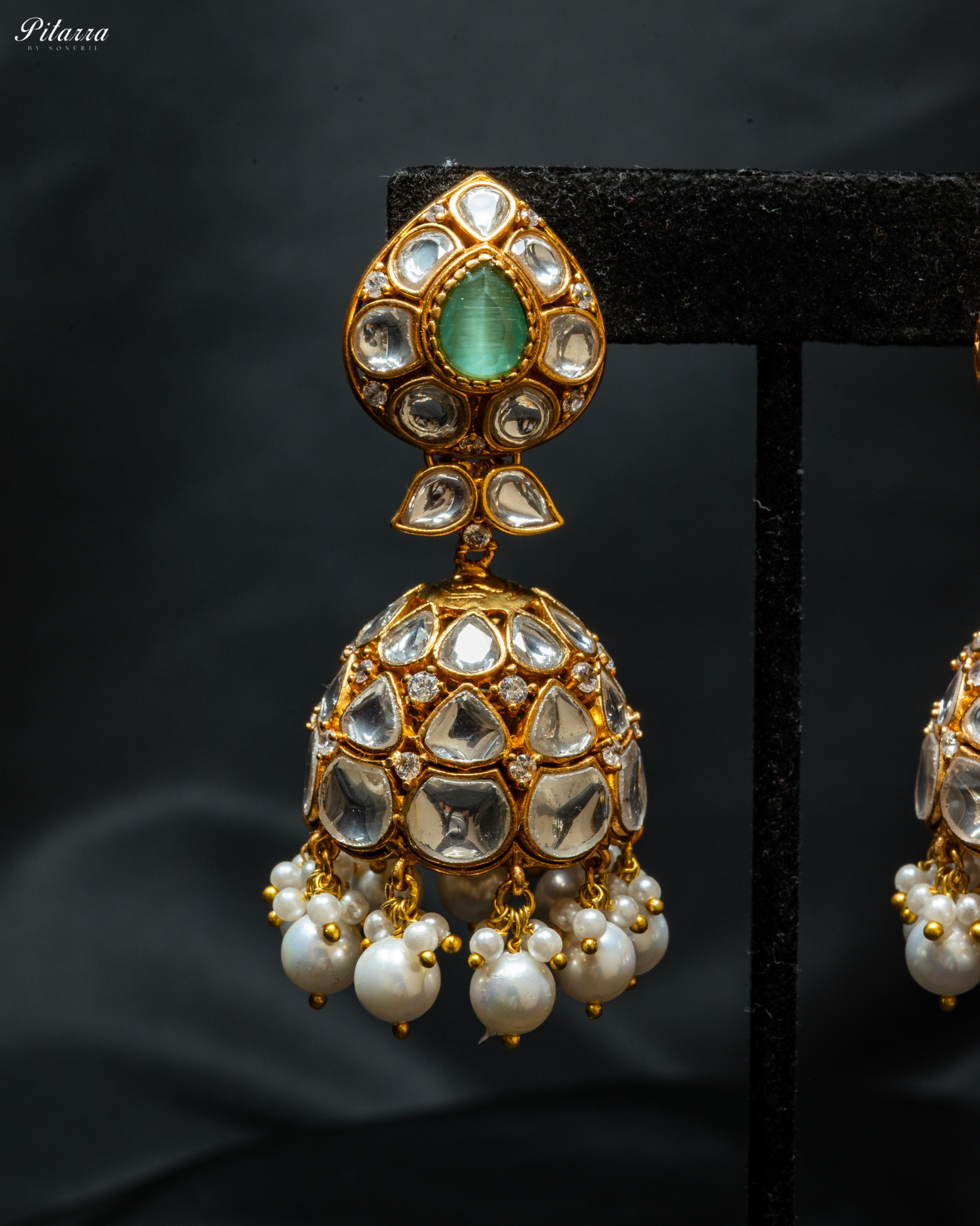 Pitarra Green Kundan Jhumki Earrings