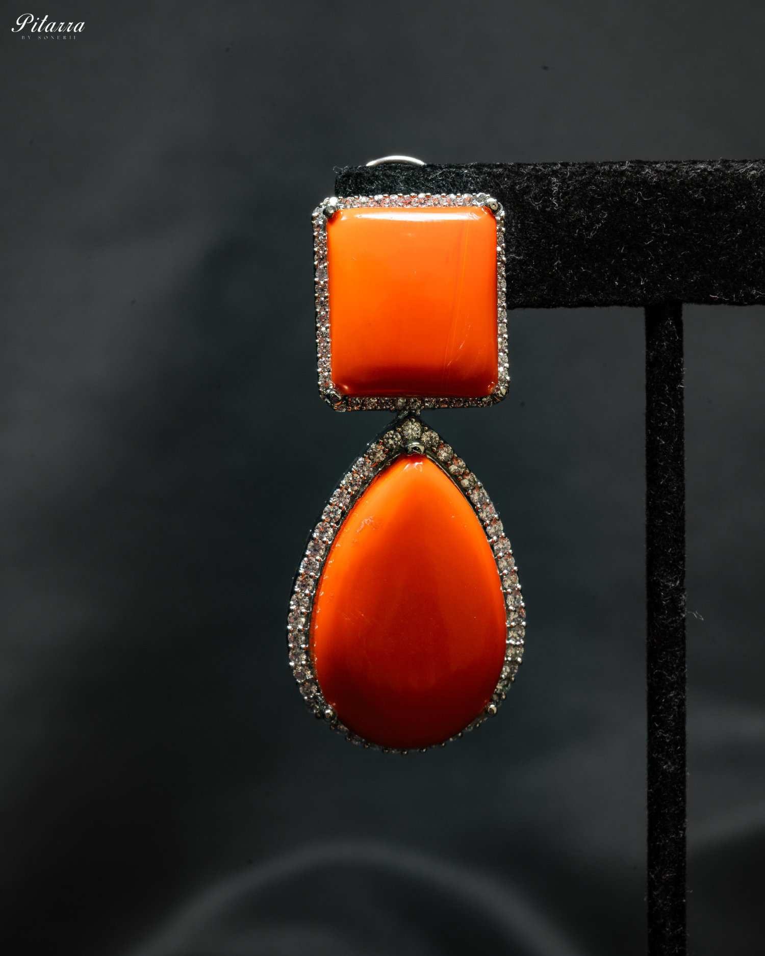 Orange Color Drop Square Silver Crytsal Dangle Earrings