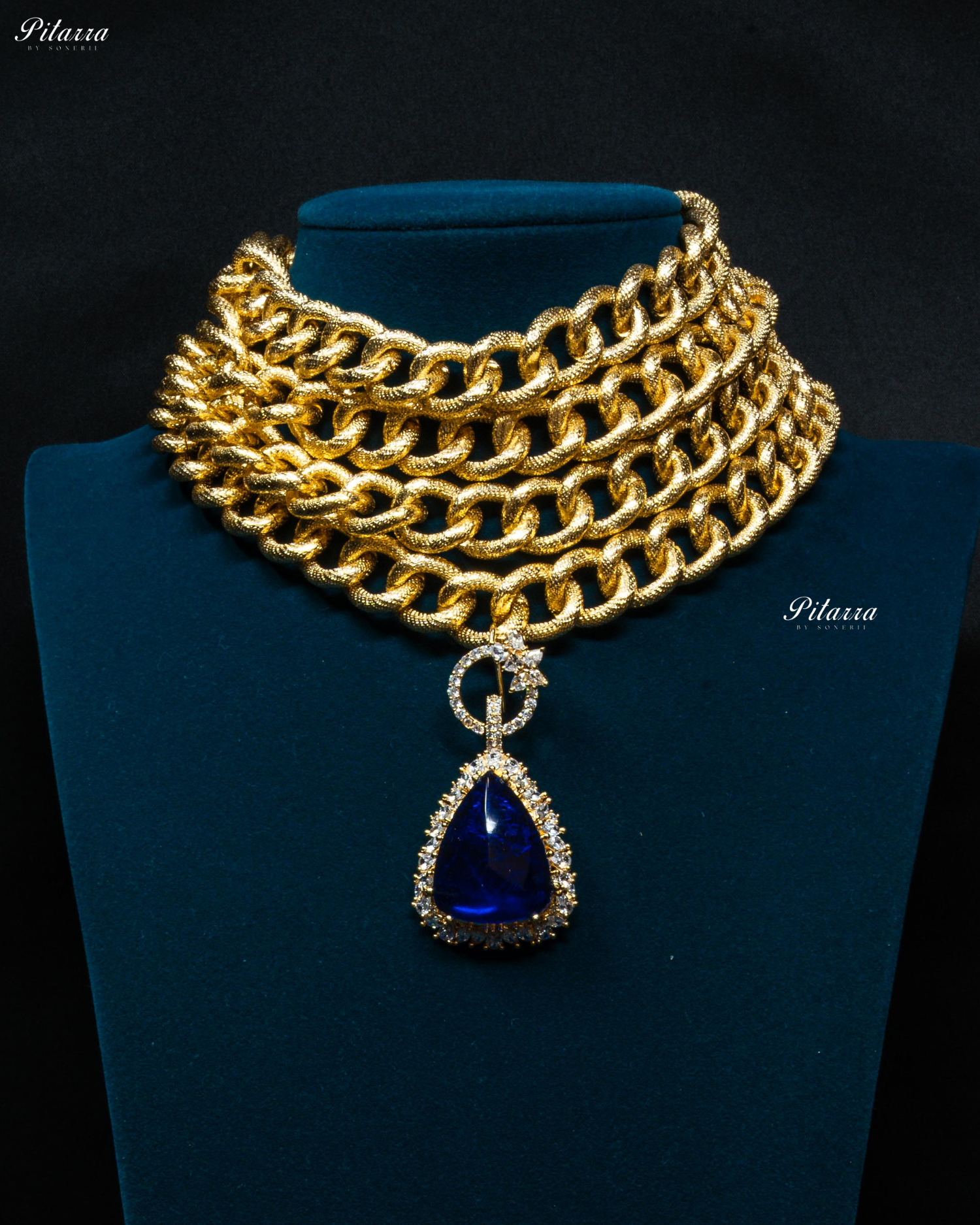 Golden Multilayered Navy Blue Stone Statement Pendant Chain Choker