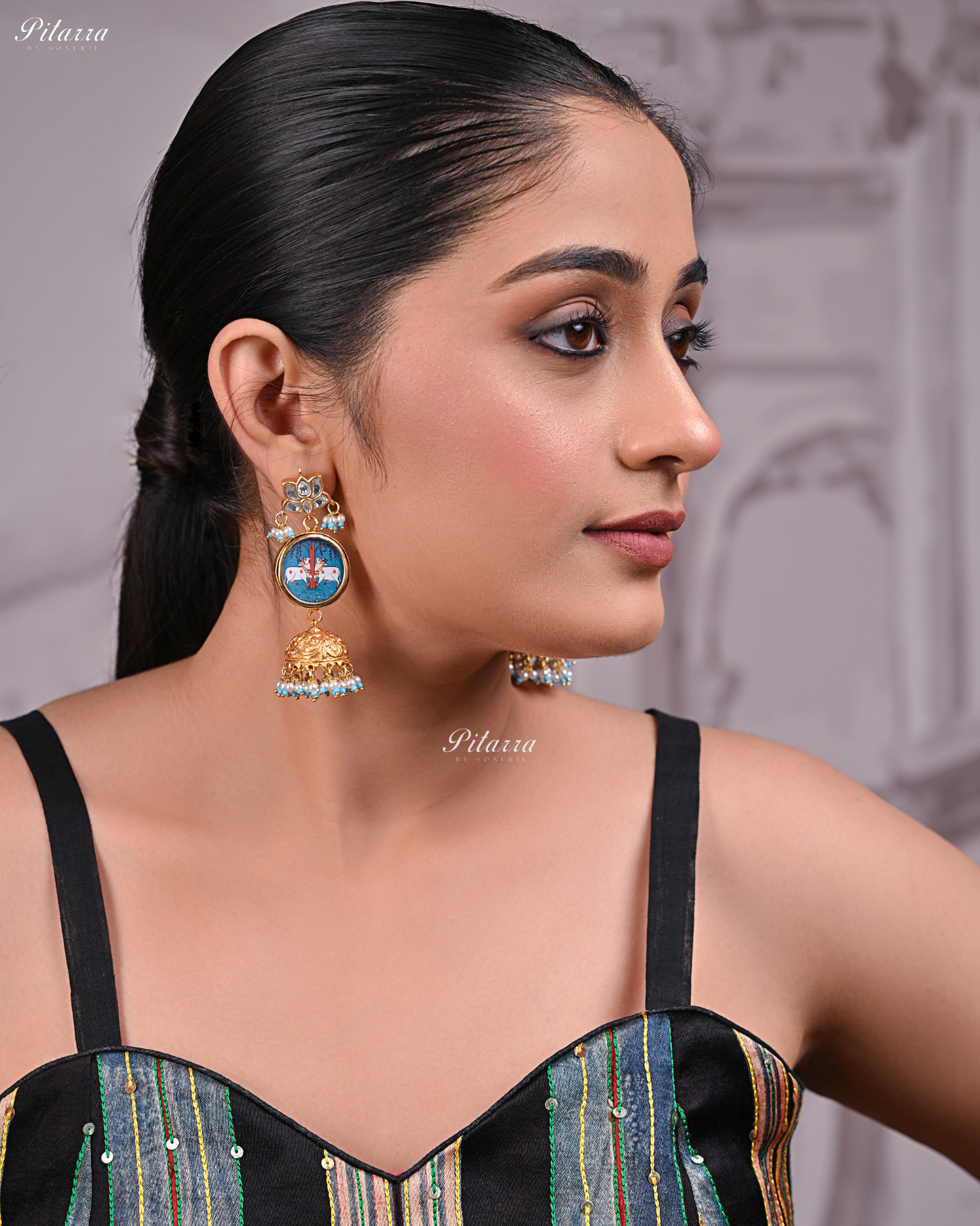 Blue Studded Handpainted Meenakari Jhumkas