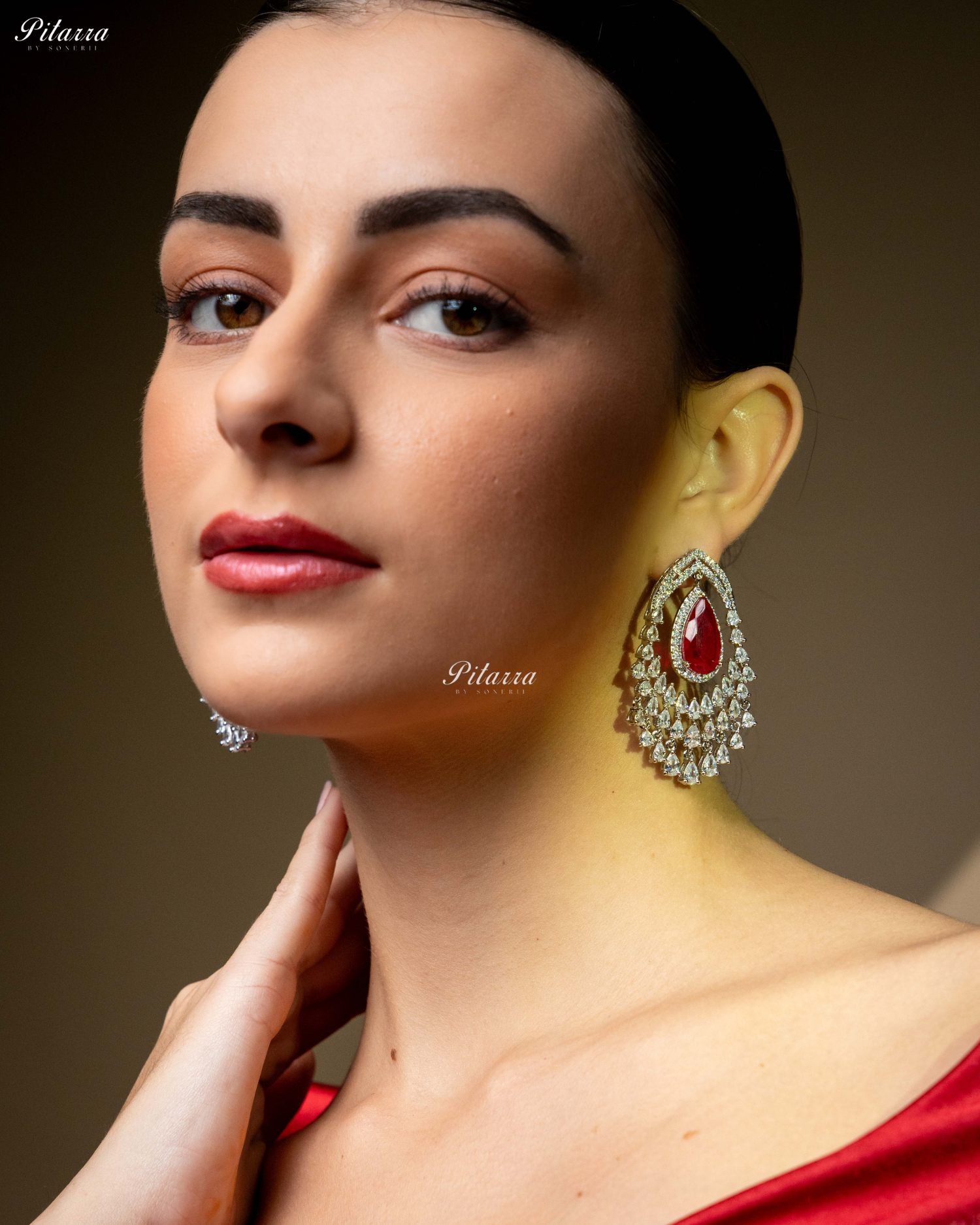 Red Stone Silver CZ Dangle Earrings