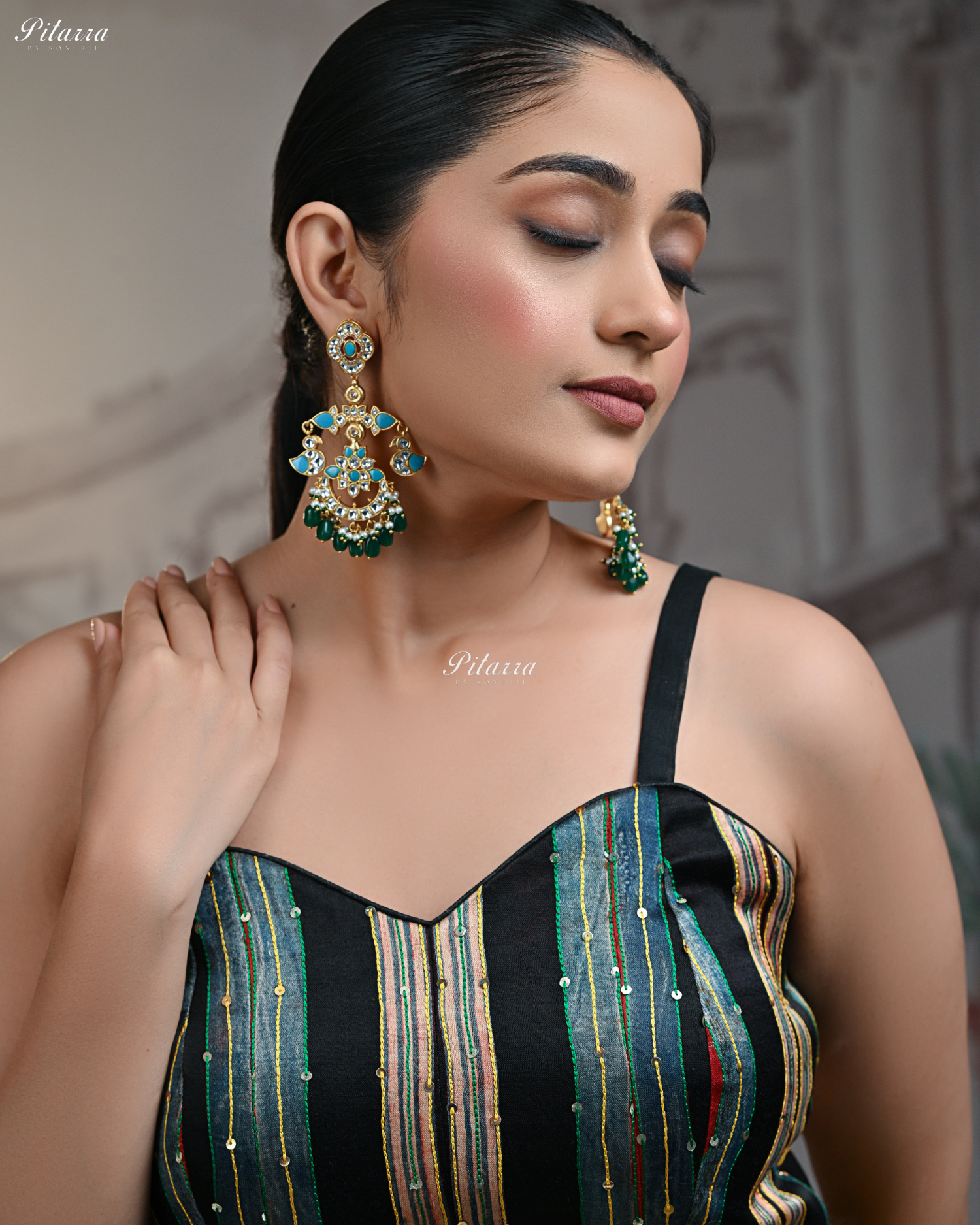 Firoza Stone Kundan Chandbaali Earrings