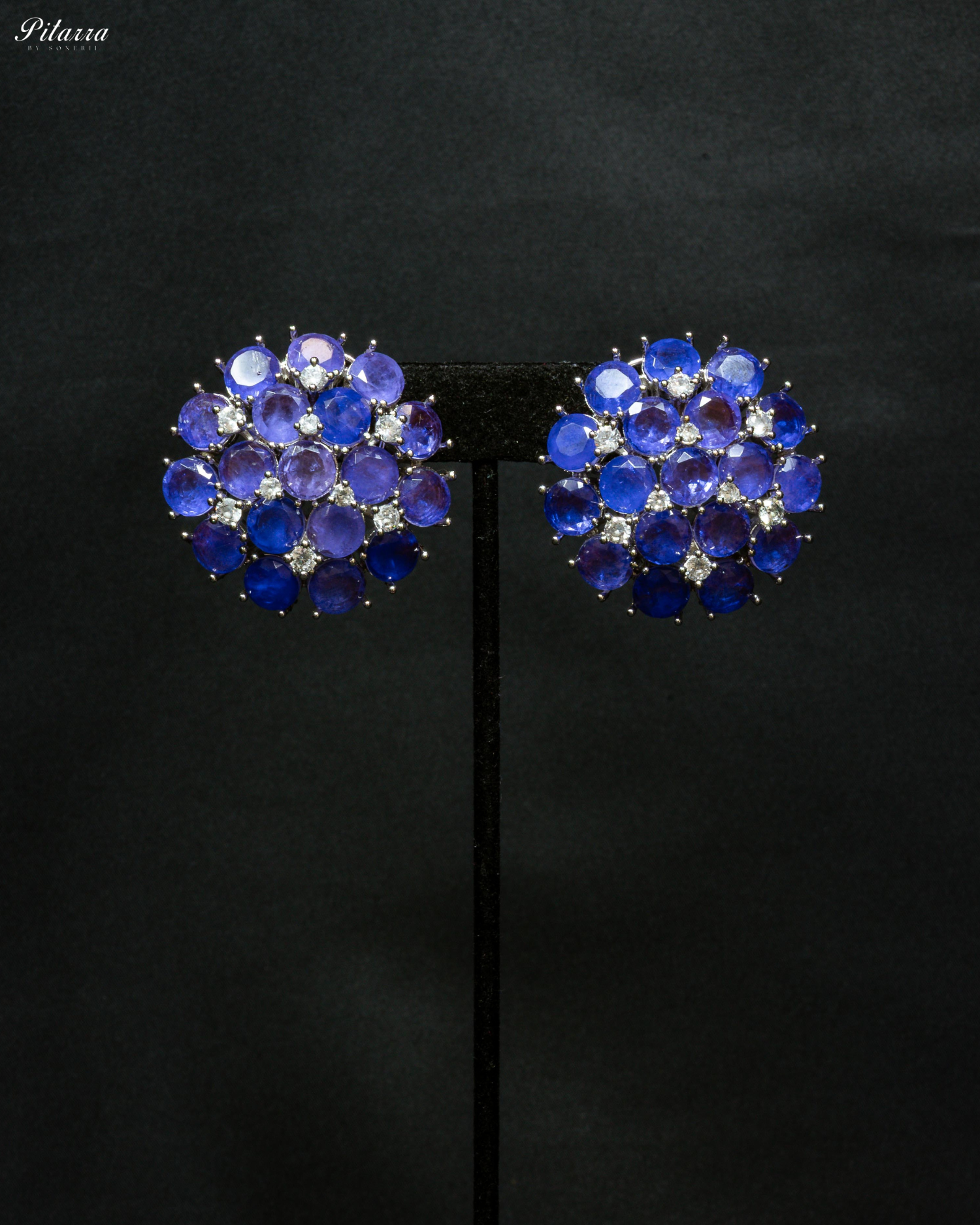 Blue Stone Silver Crystal Stud Earrings
